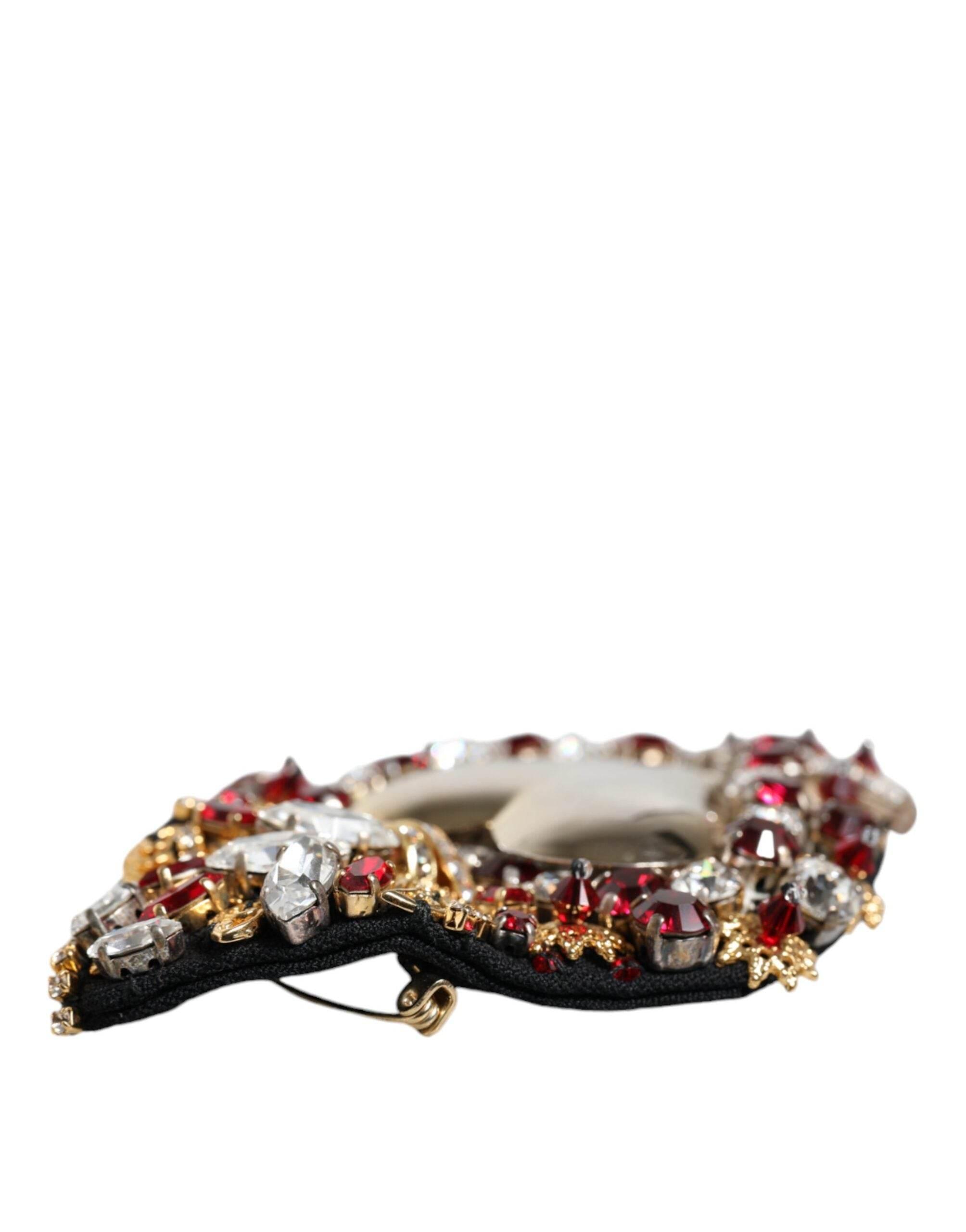 Dolce & Gabbana Gold Tone Brass Sacred Heart Crystal Embellished Brooch - Hilstor