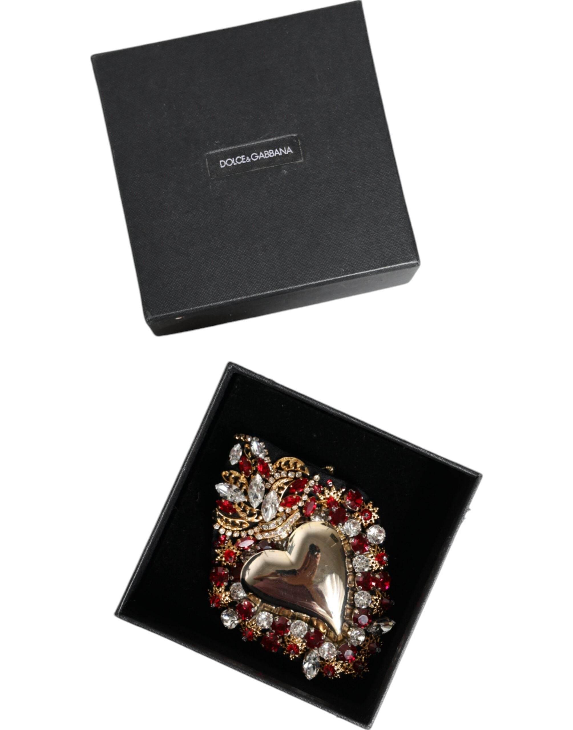 Dolce & Gabbana Gold Tone Brass Sacred Heart Crystal Embellished Brooch - Hilstor