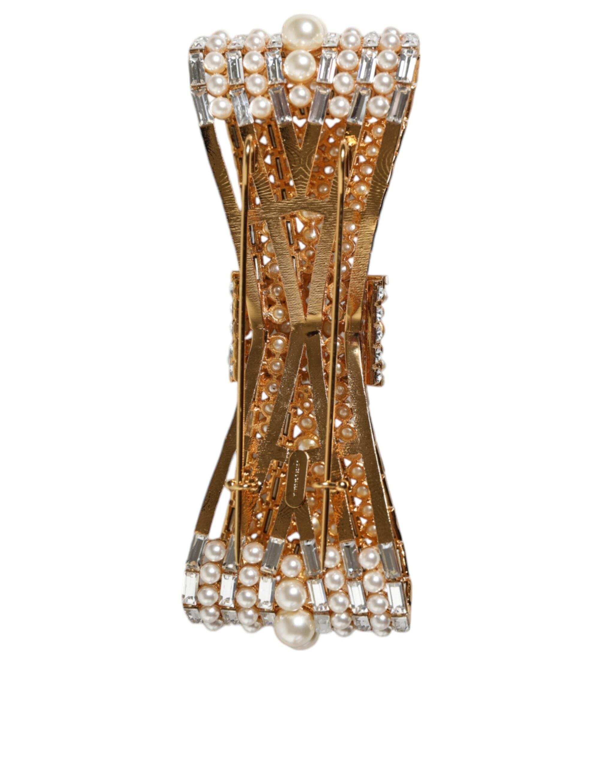 Dolce & Gabbana Gold Tone Brass Bow Crystal FauxPearl Embellished Brooch - Hilstor