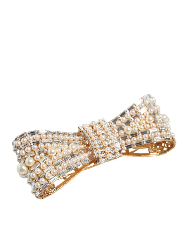 Dolce & Gabbana Gold Tone Brass Bow Crystal FauxPearl Embellished Brooch - Hilstor