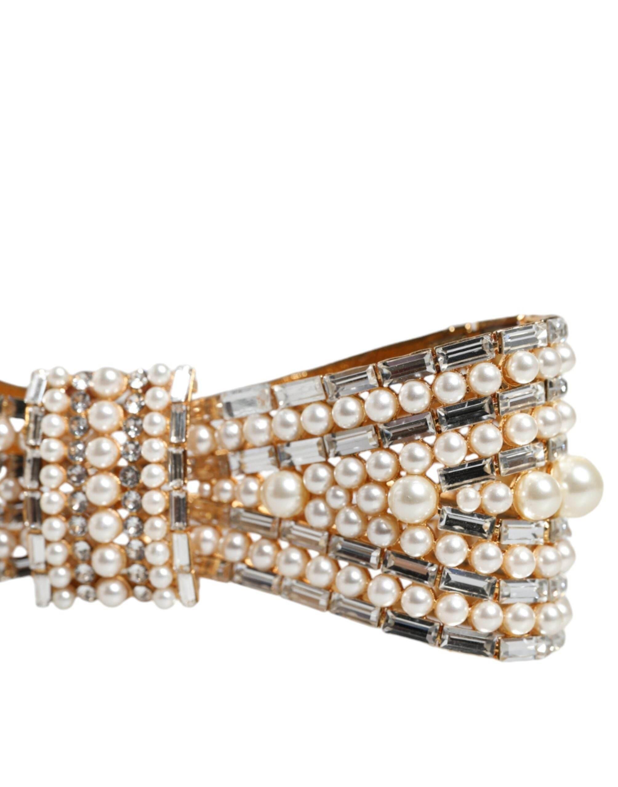 Dolce & Gabbana Gold Tone Brass Bow Crystal FauxPearl Embellished Brooch - Hilstor