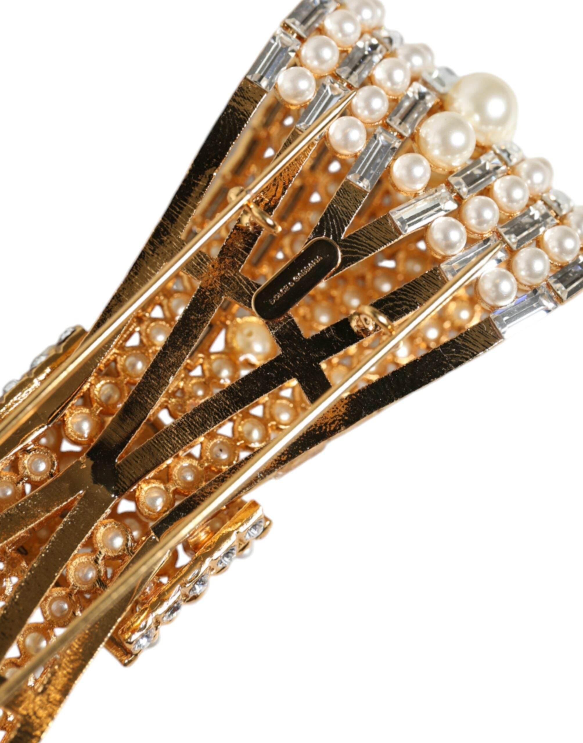 Dolce & Gabbana Gold Tone Brass Bow Crystal FauxPearl Embellished Brooch - Hilstor