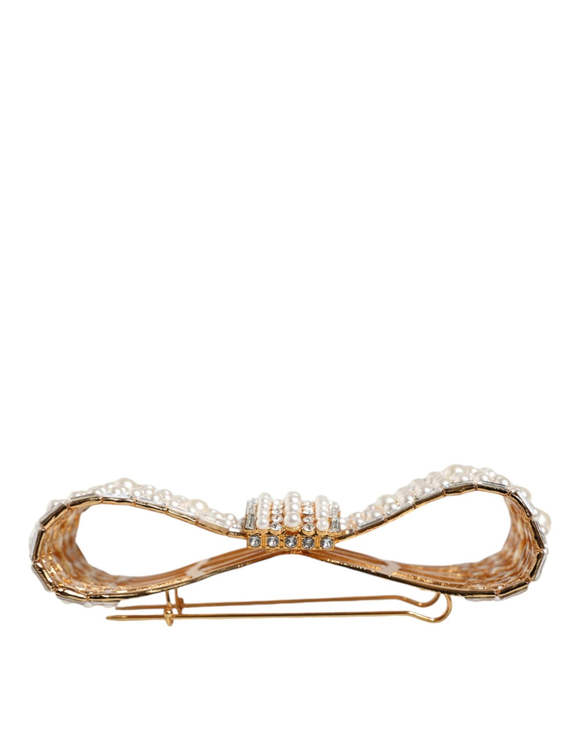 Dolce & Gabbana Gold Tone Brass Bow Crystal FauxPearl Embellished Brooch - Hilstor