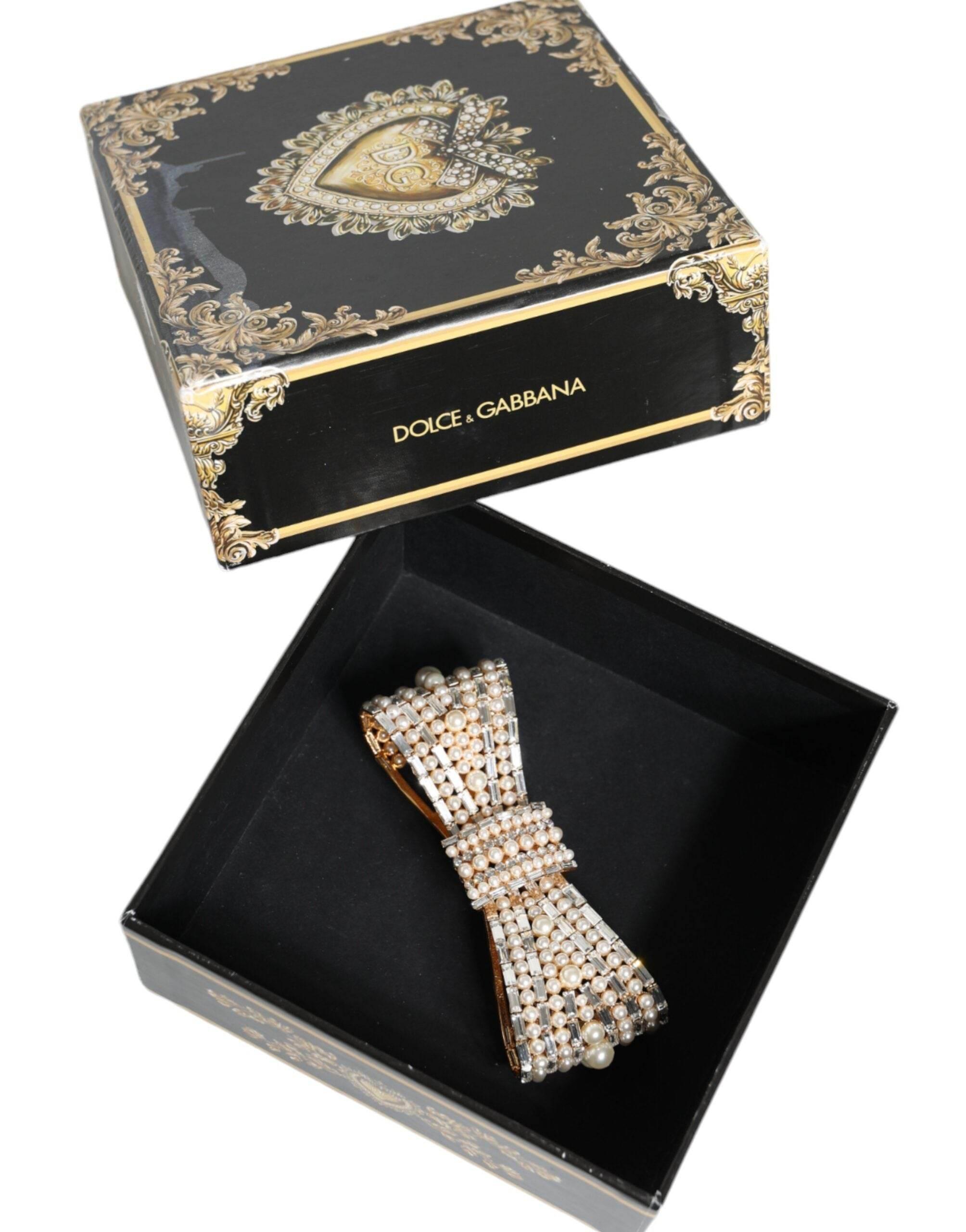 Dolce & Gabbana Gold Tone Brass Bow Crystal FauxPearl Embellished Brooch - Hilstor
