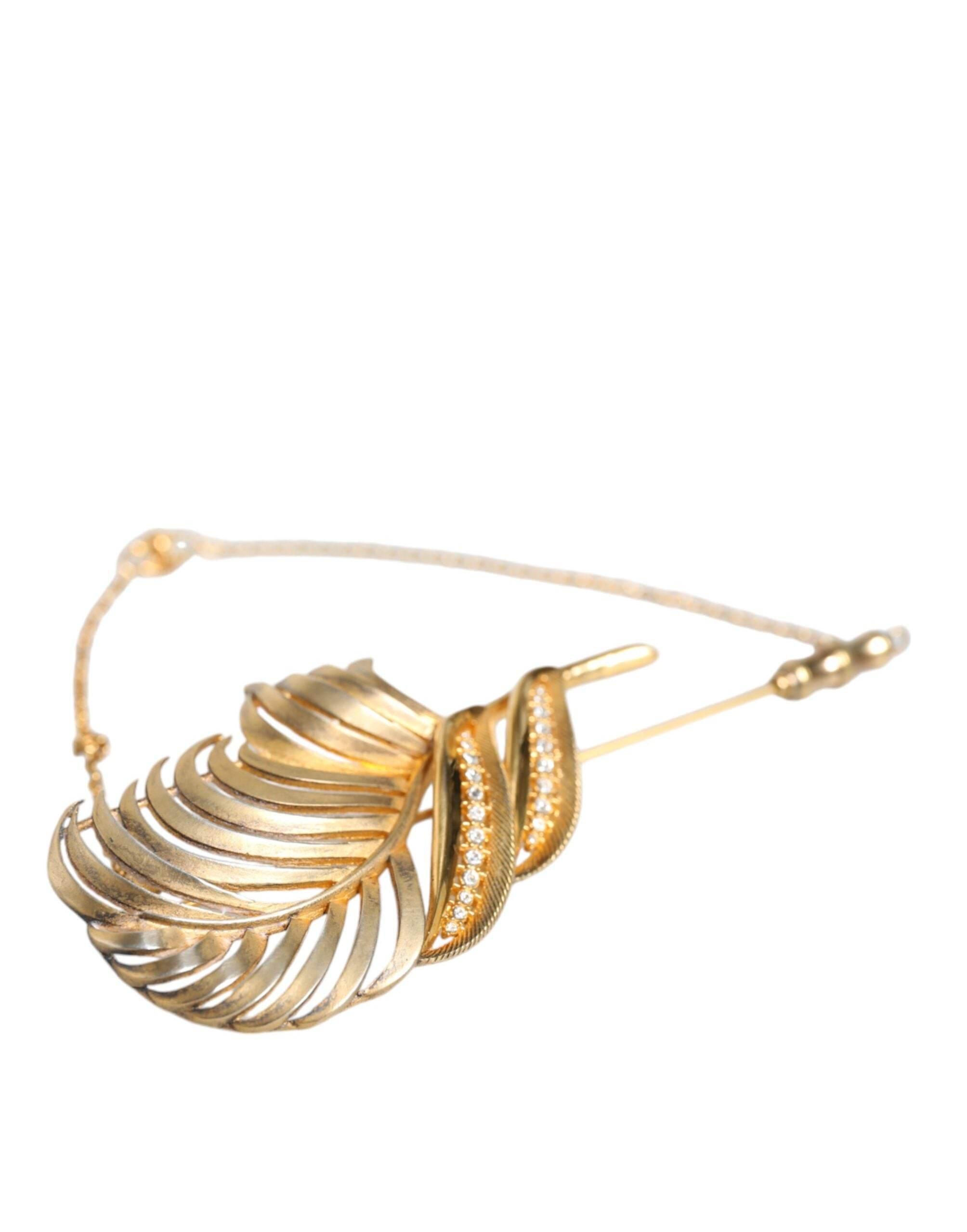 Dolce & Gabbana Gold Tone 925 Sterling Silver Leaf Crystal Chain Brooch - Hilstor