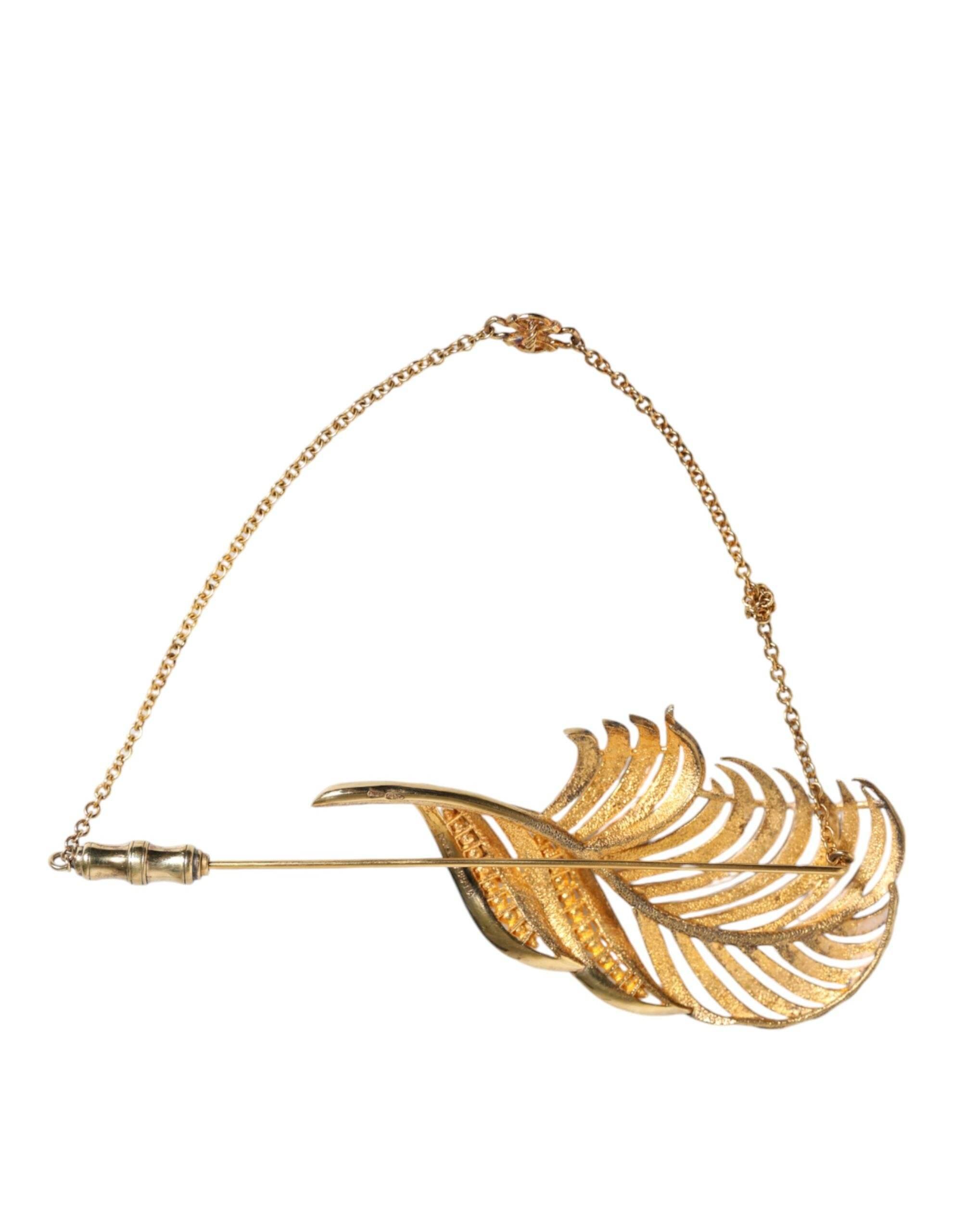 Dolce & Gabbana Gold Tone 925 Sterling Silver Leaf Crystal Chain Brooch - Hilstor