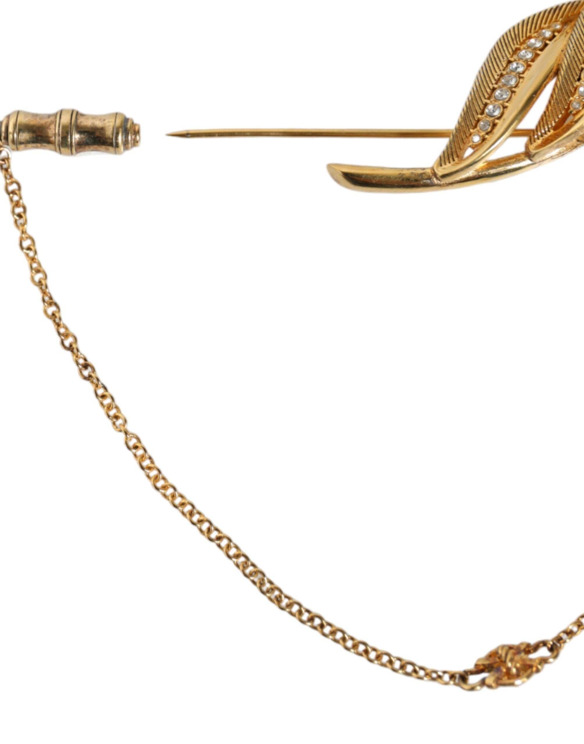 Dolce & Gabbana Gold Tone 925 Sterling Silver Leaf Crystal Chain Brooch - Hilstor