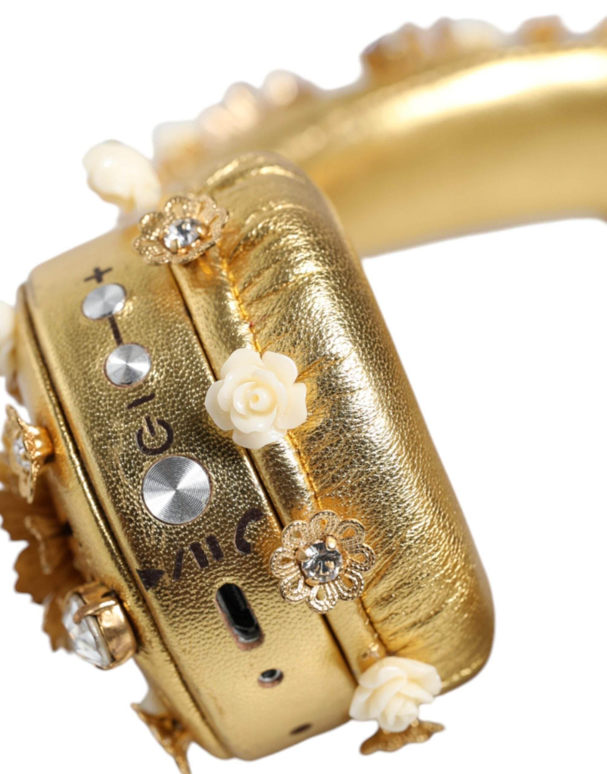 Dolce & Gabbana Gold Leather Floral Crystal Angel Headphones - Hilstor