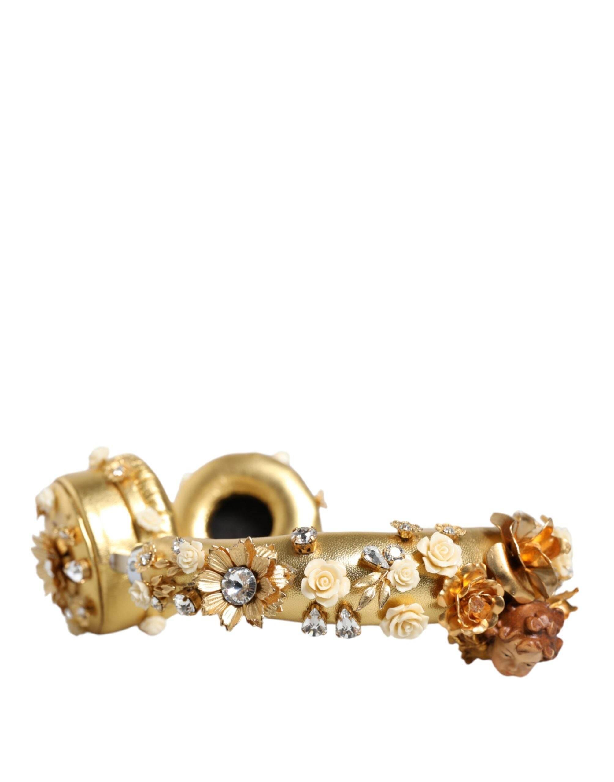 Dolce & Gabbana Gold Leather Floral Crystal Angel Headphones - Hilstor
