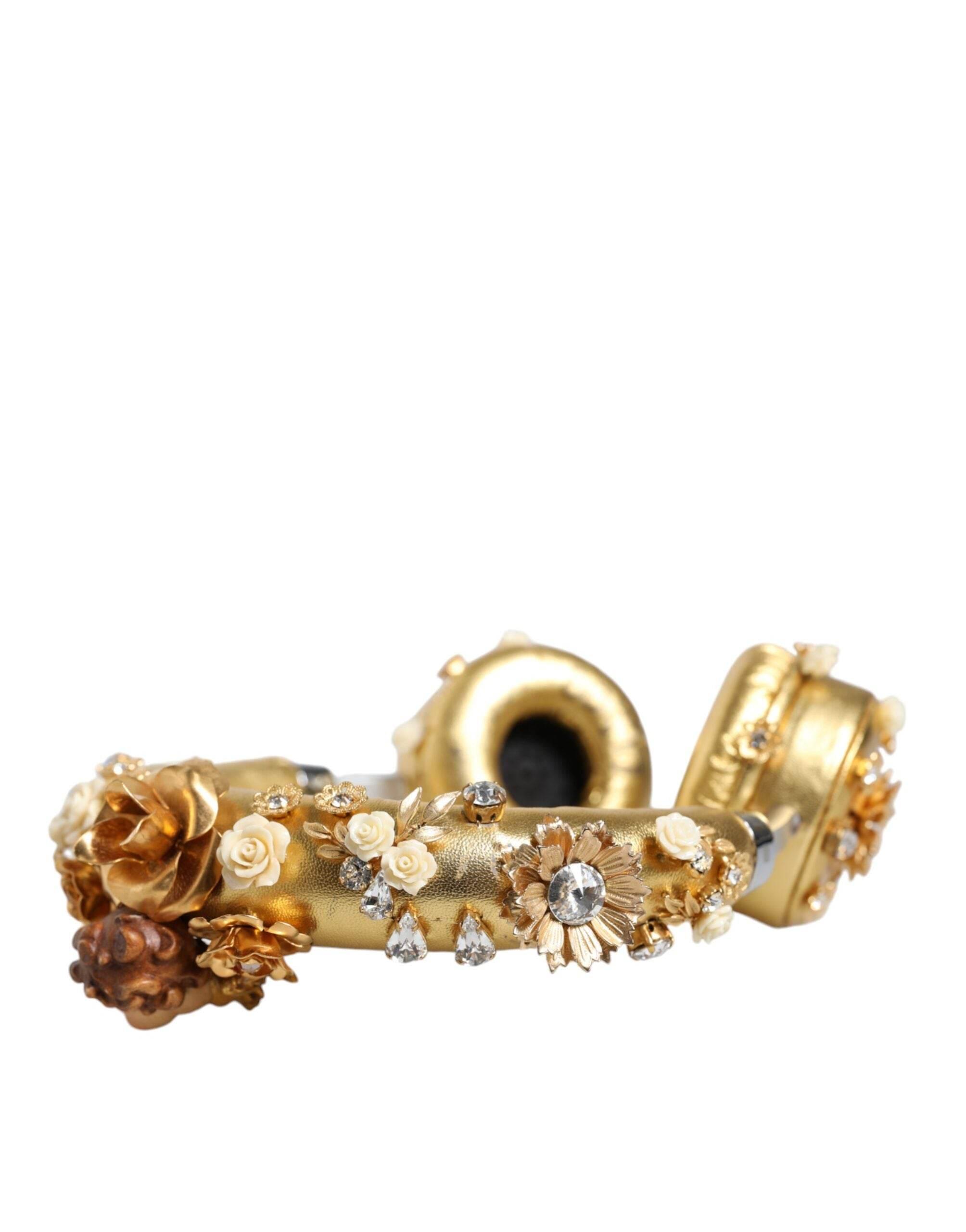 Dolce & Gabbana Gold Leather Floral Crystal Angel Headphones - Hilstor
