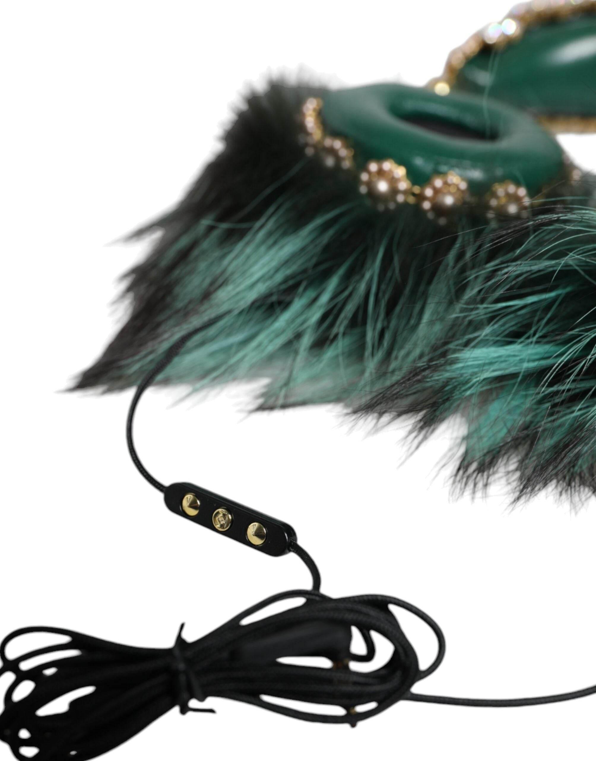 Dolce & Gabbana Green Gold Crystal Fur Headset Audio AUX Headphones - Hilstor