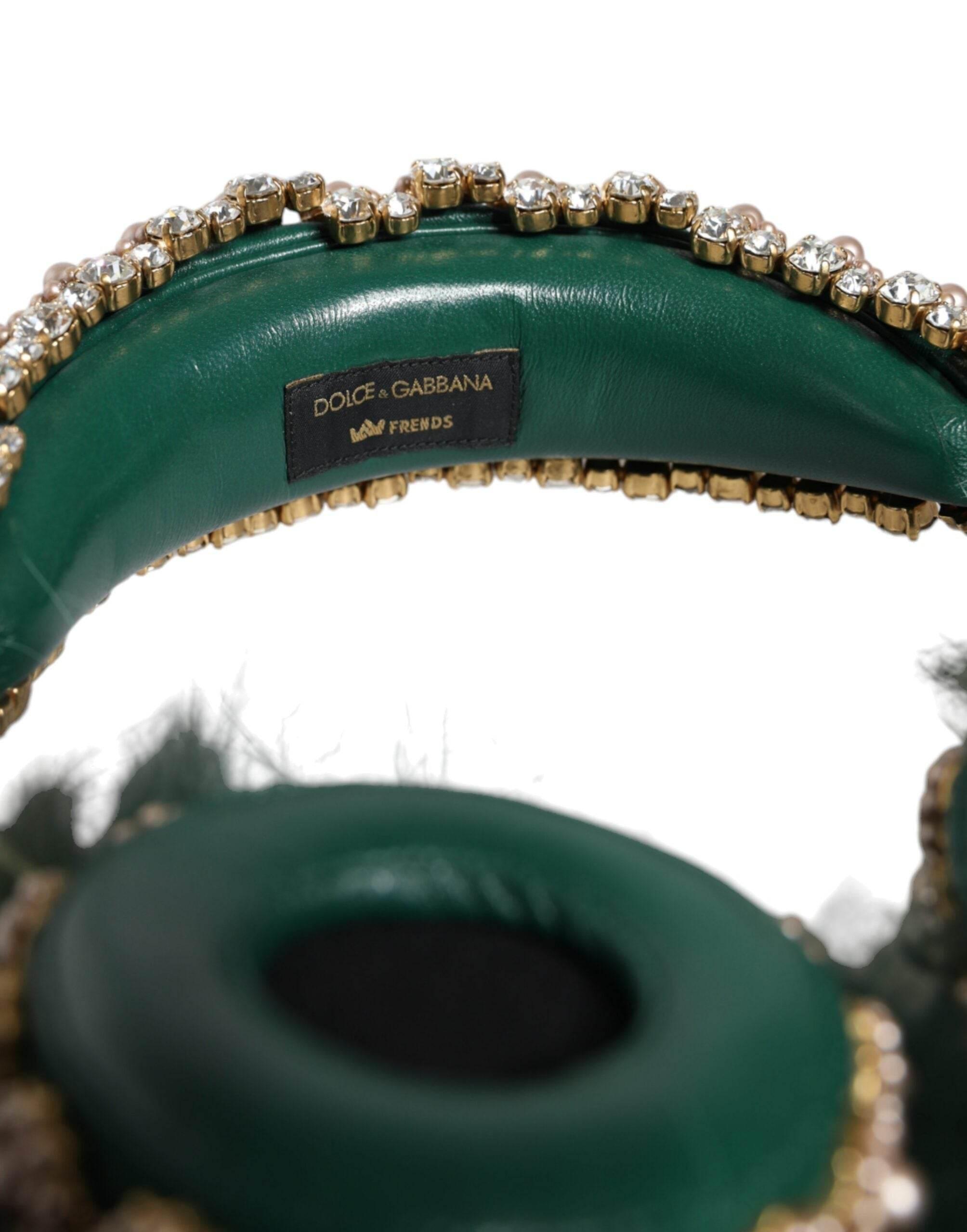 Dolce & Gabbana Green Gold Crystal Fur Headset Audio AUX Headphones - Hilstor