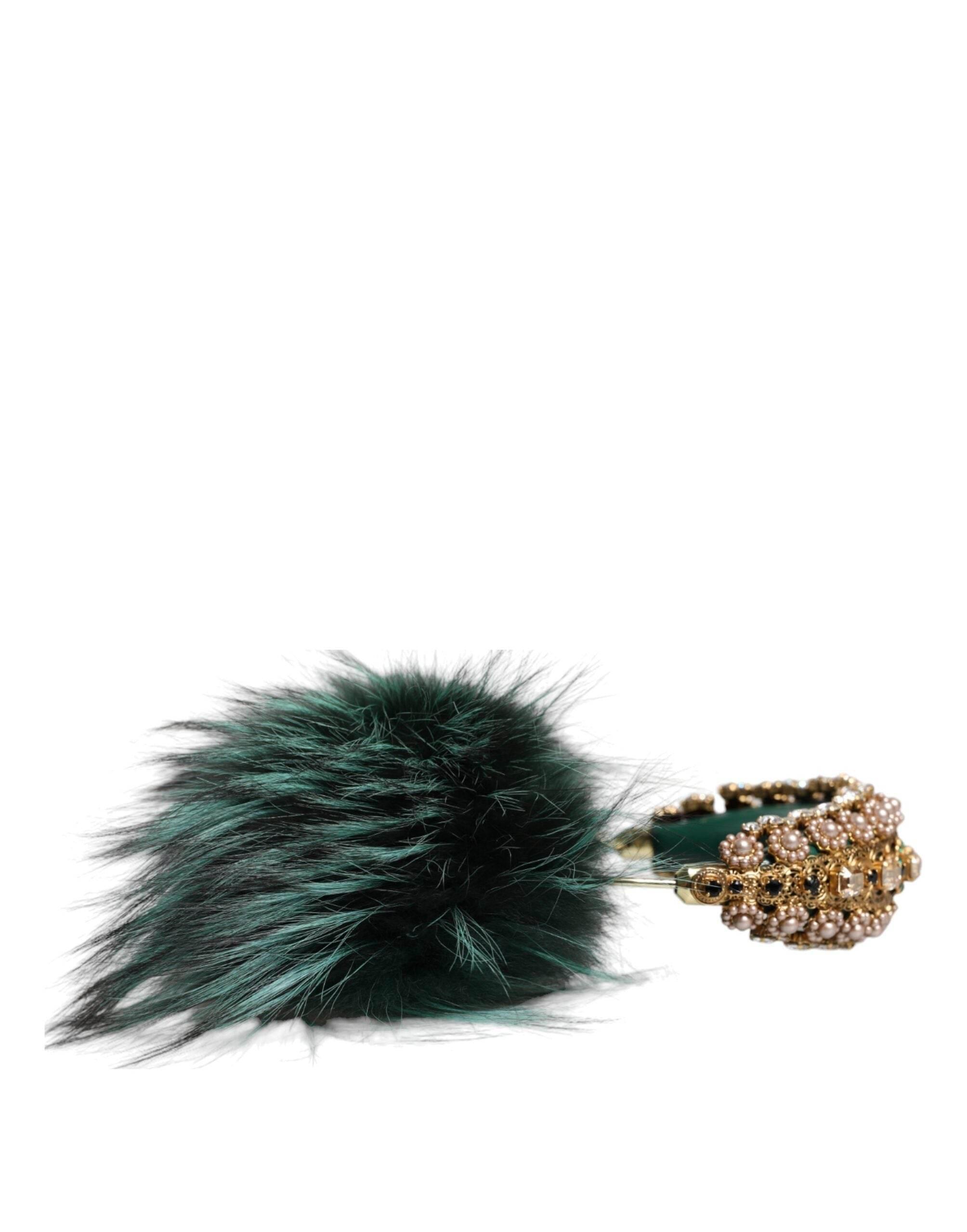 Dolce & Gabbana Green Gold Crystal Fur Headset Audio AUX Headphones - Hilstor