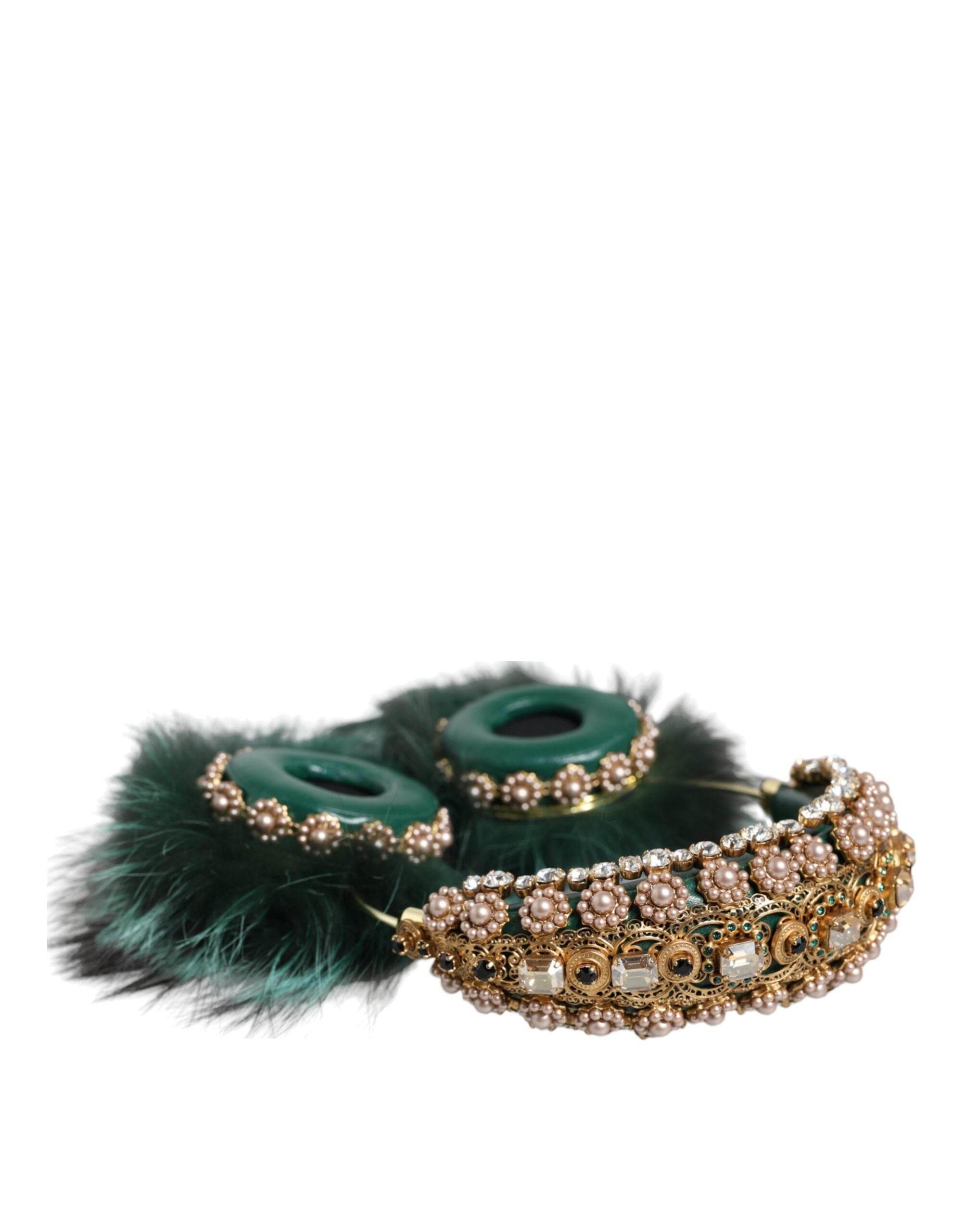 Dolce & Gabbana Green Gold Crystal Fur Headset Audio AUX Headphones - Hilstor