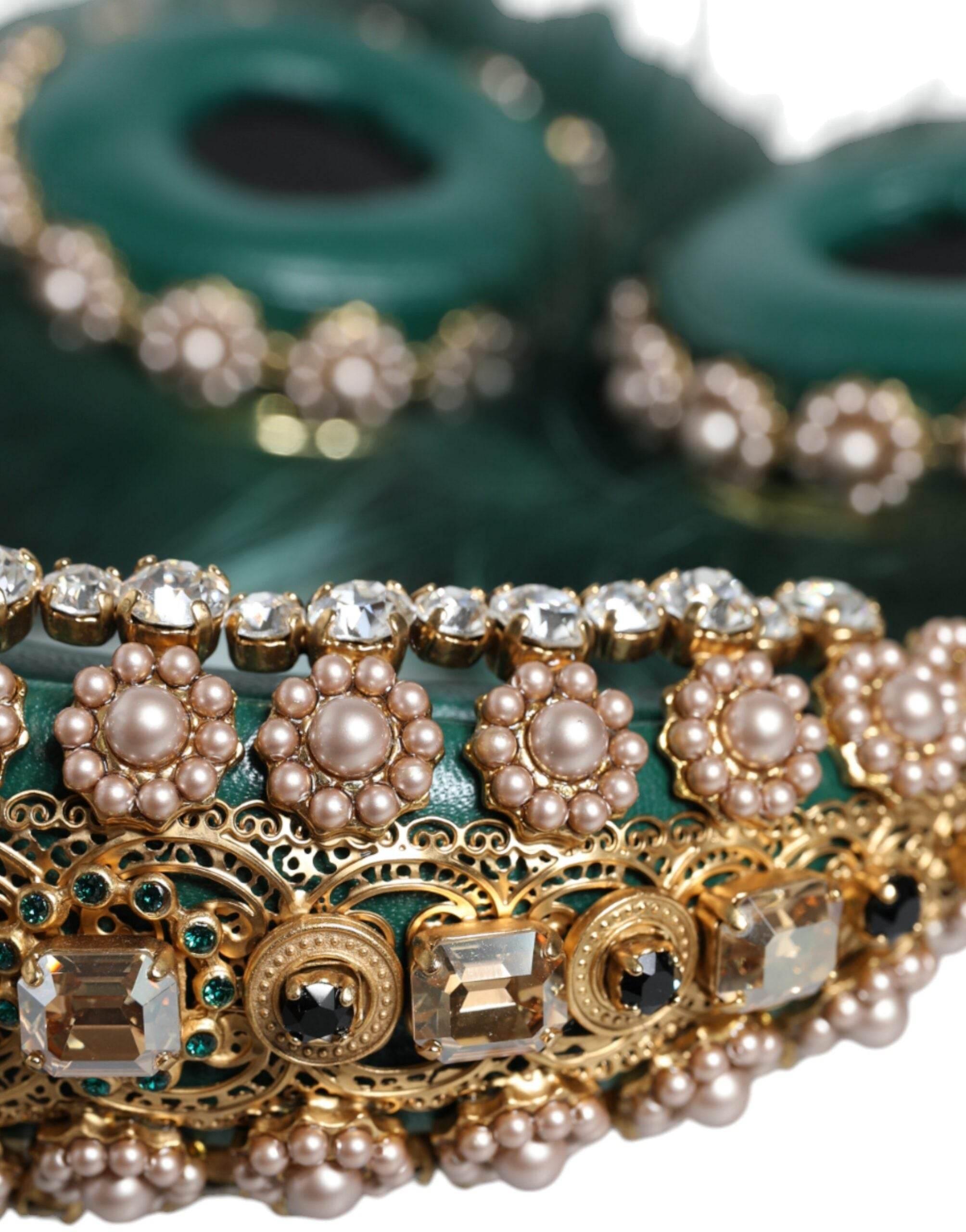 Dolce & Gabbana Green Gold Crystal Fur Headset Audio AUX Headphones - Hilstor