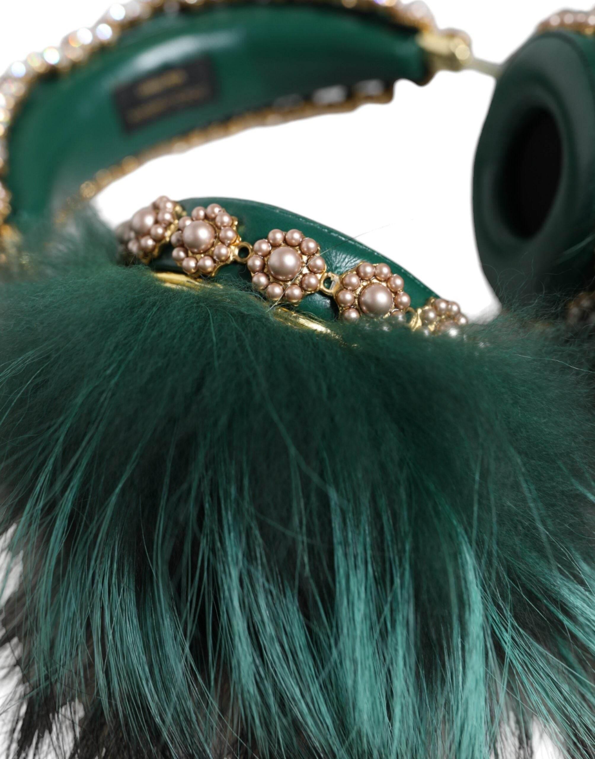 Dolce & Gabbana Green Gold Crystal Fur Headset Audio AUX Headphones - Hilstor