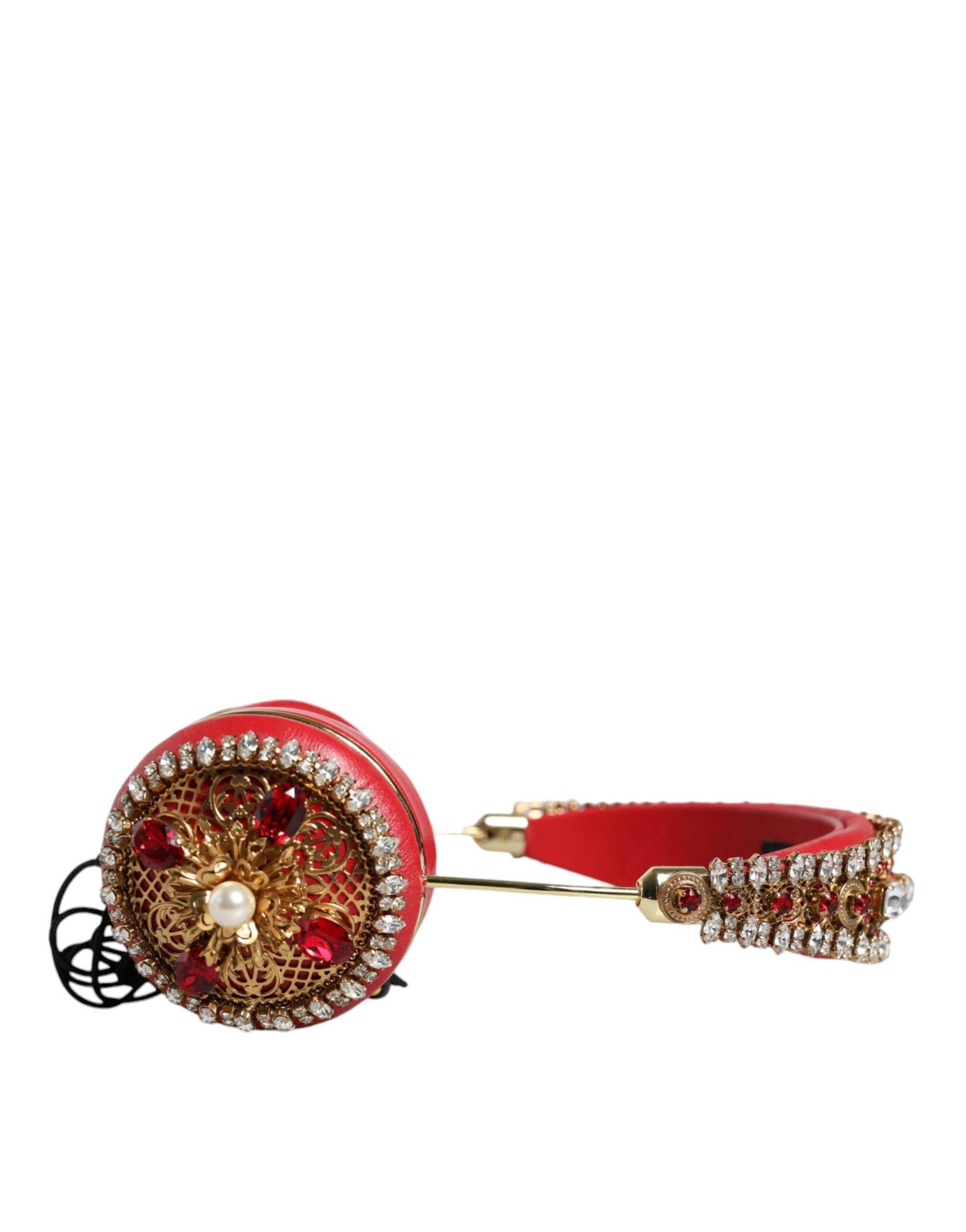 Dolce & Gabbana Red Nappa Leather Floral Crystal Headphone - Hilstor