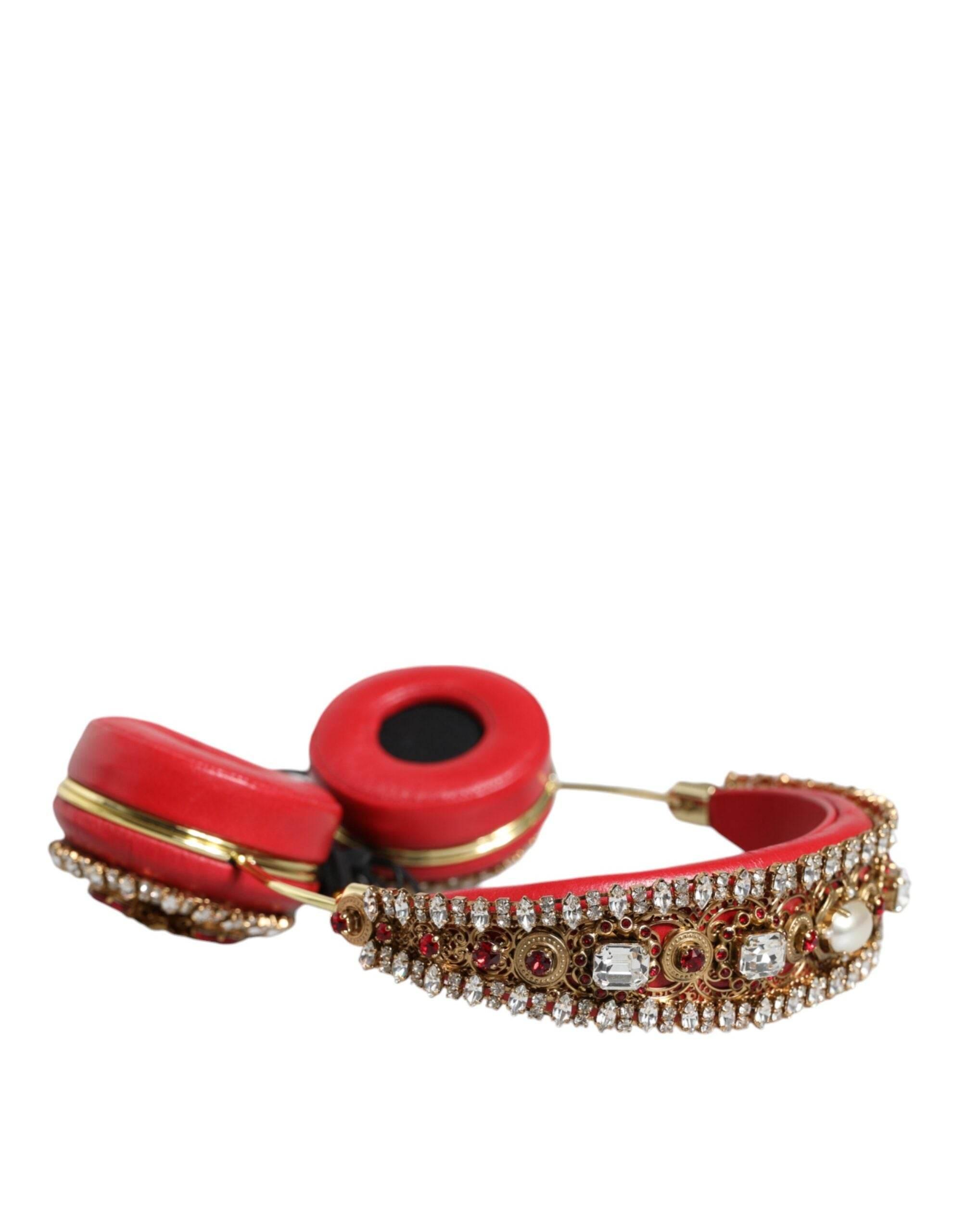 Dolce & Gabbana Red Nappa Leather Floral Crystal Headphone - Hilstor