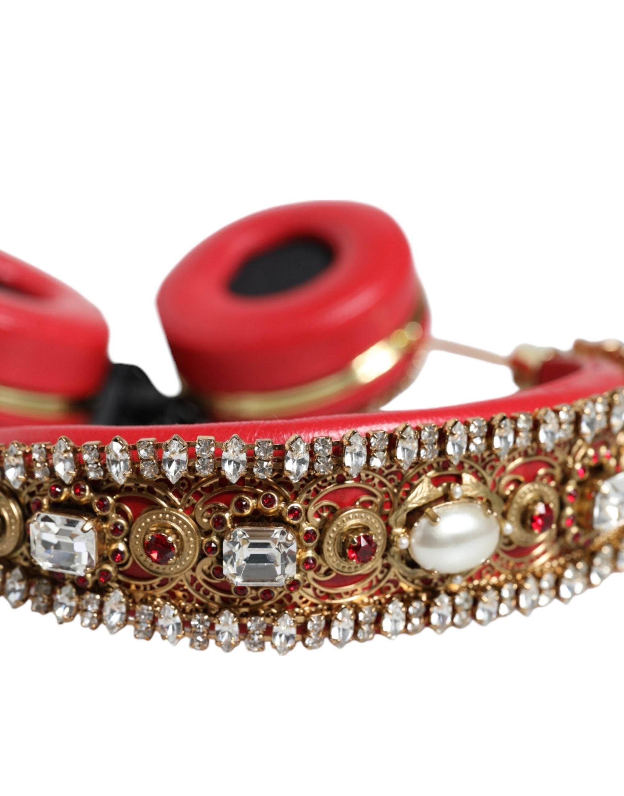 Dolce & Gabbana Red Nappa Leather Floral Crystal Headphone - Hilstor