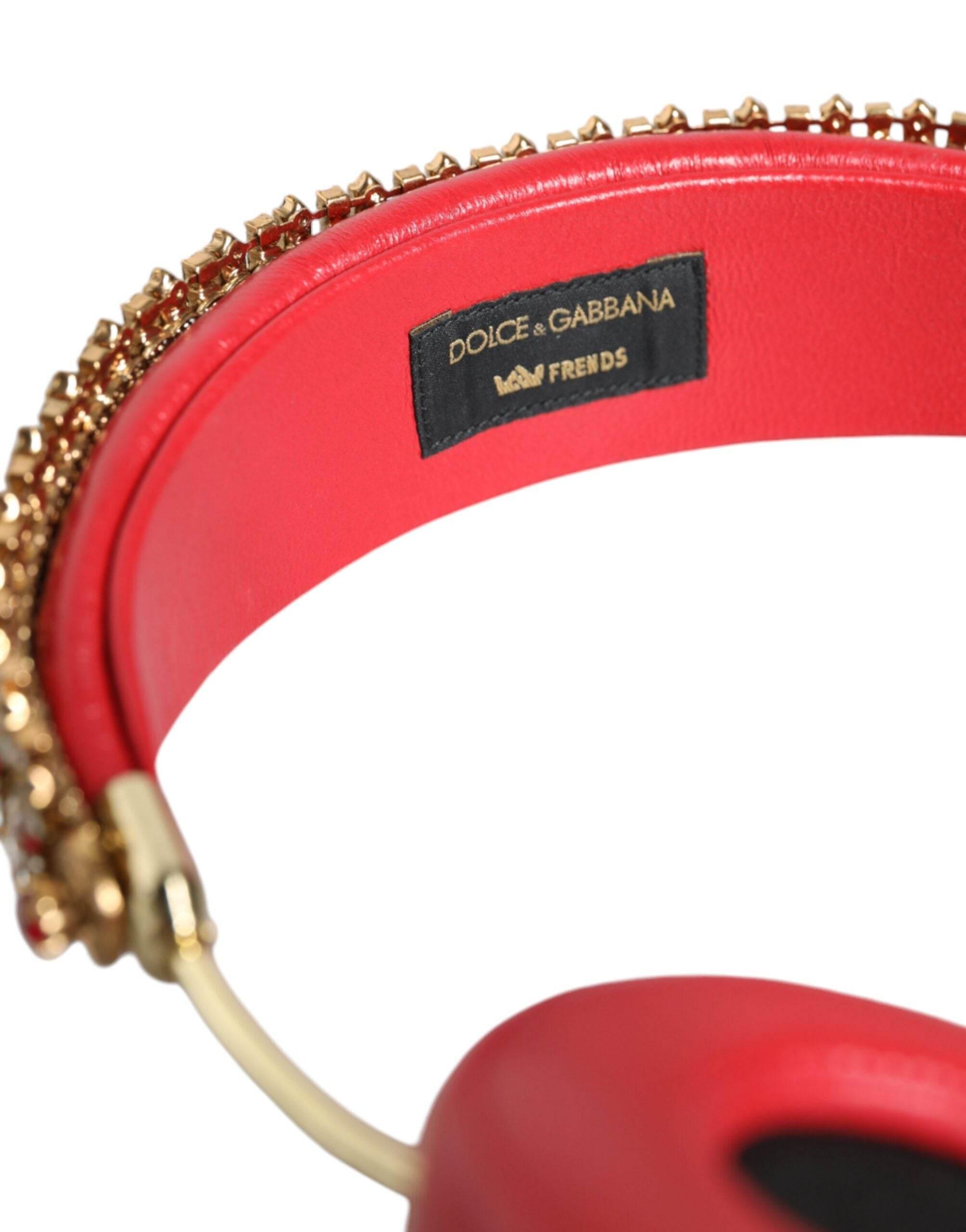 Dolce & Gabbana Red Nappa Leather Floral Crystal Headphone - Hilstor