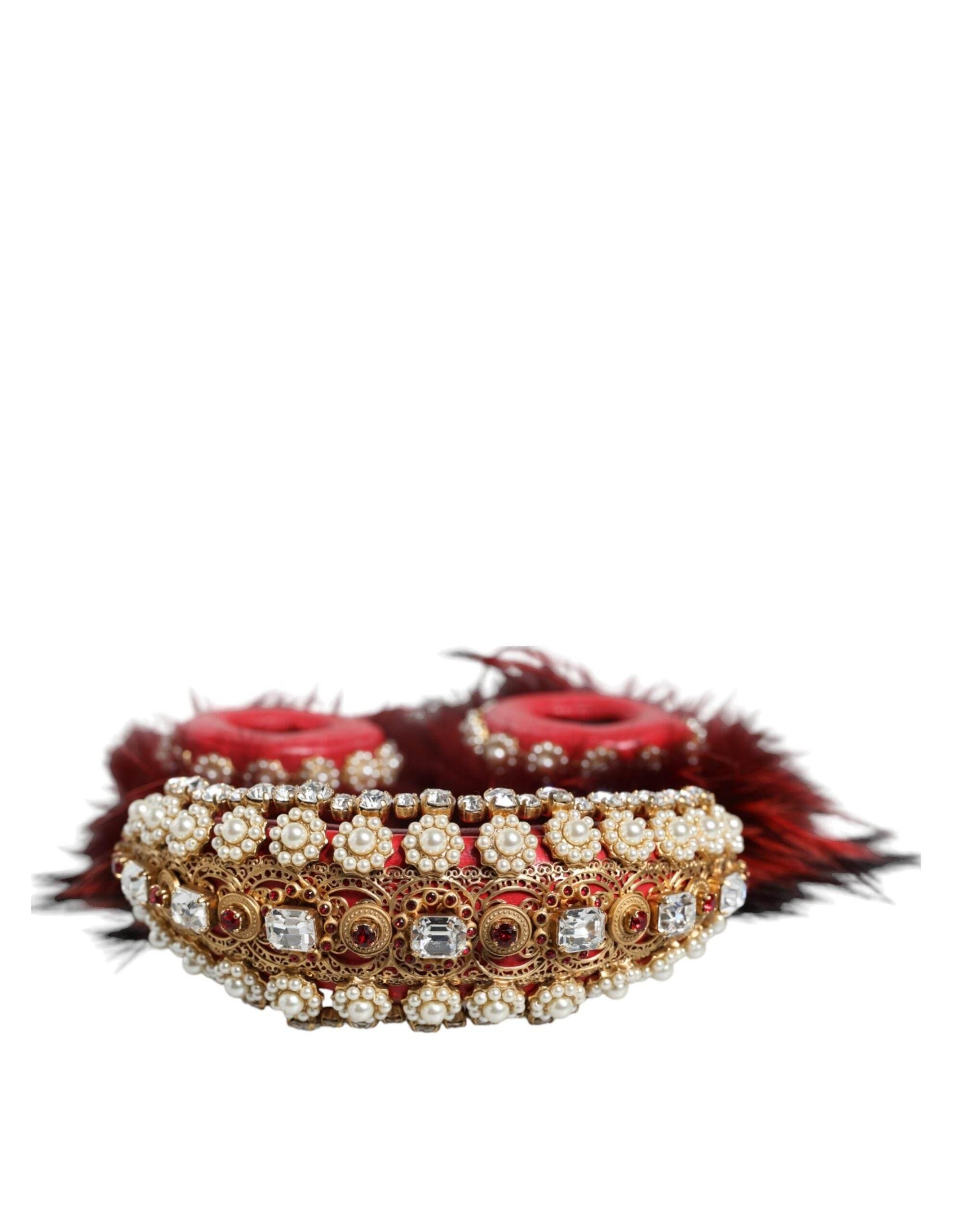 Dolce & Gabbana Red Gold Crystal Fur Headset Audio AUX Headphones - Hilstor