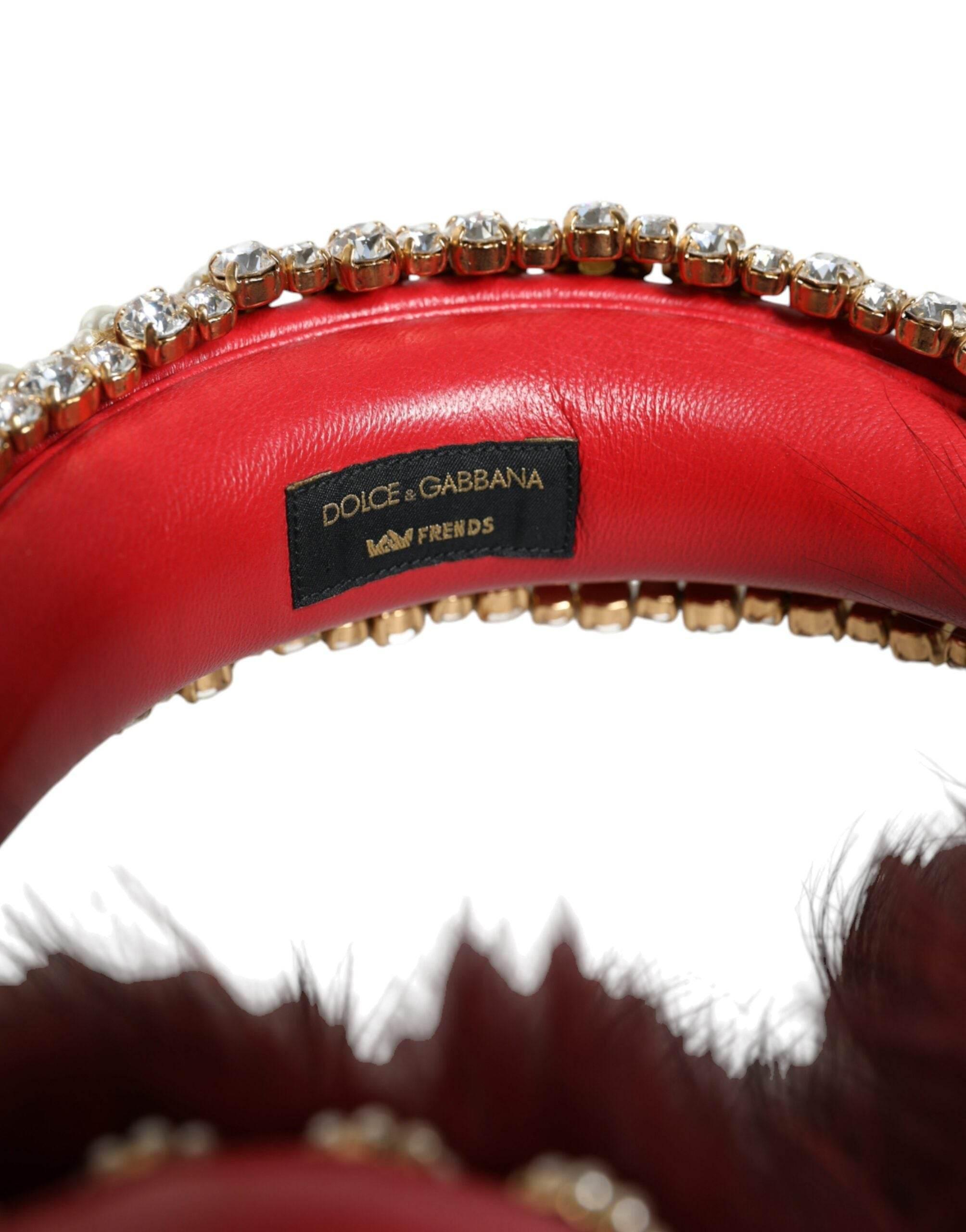 Dolce & Gabbana Red Gold Crystal Fur Headset Audio AUX Headphones - Hilstor