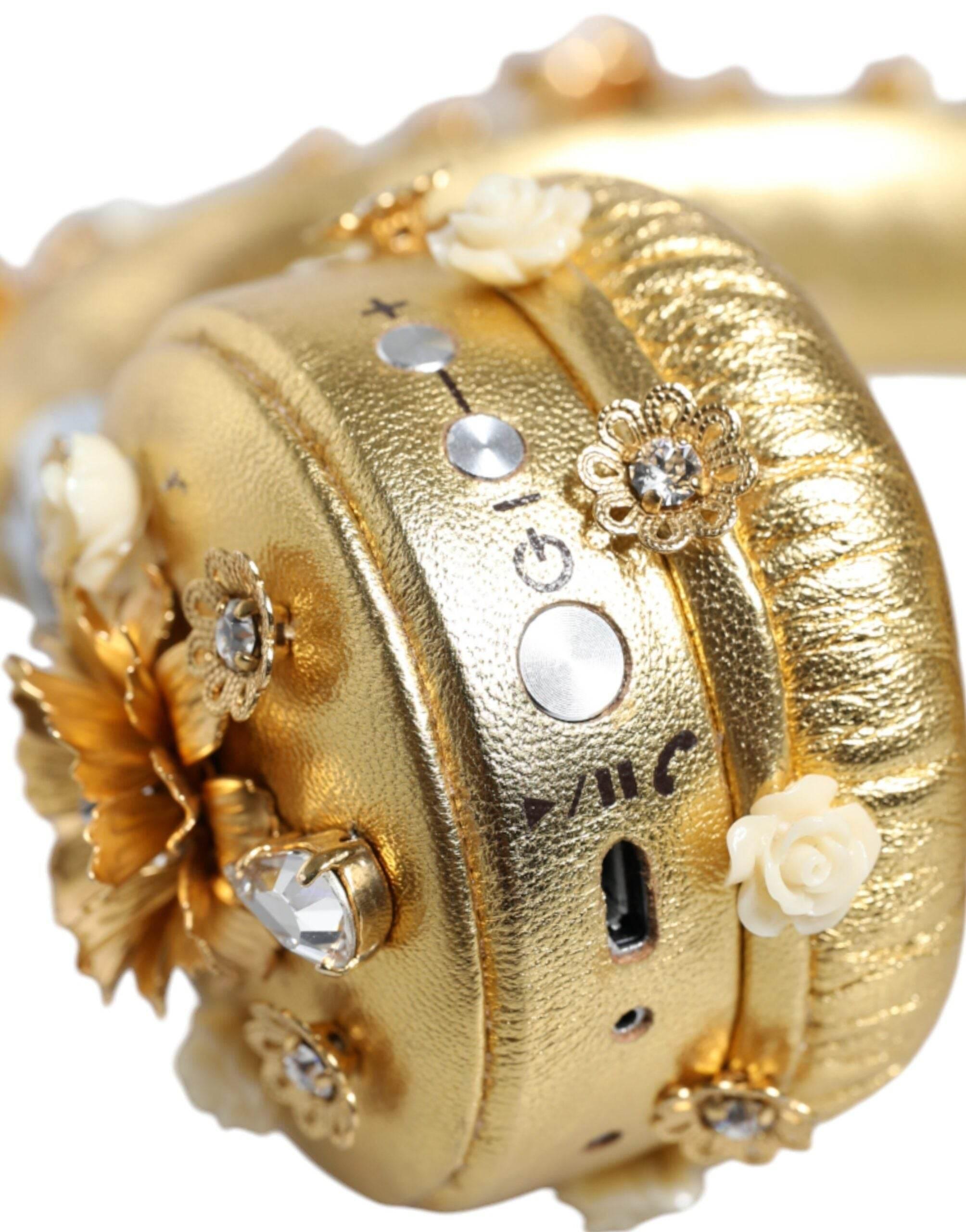 Dolce & Gabbana Gold Leather Floral Crystal Angel Headset Headphones - Hilstor