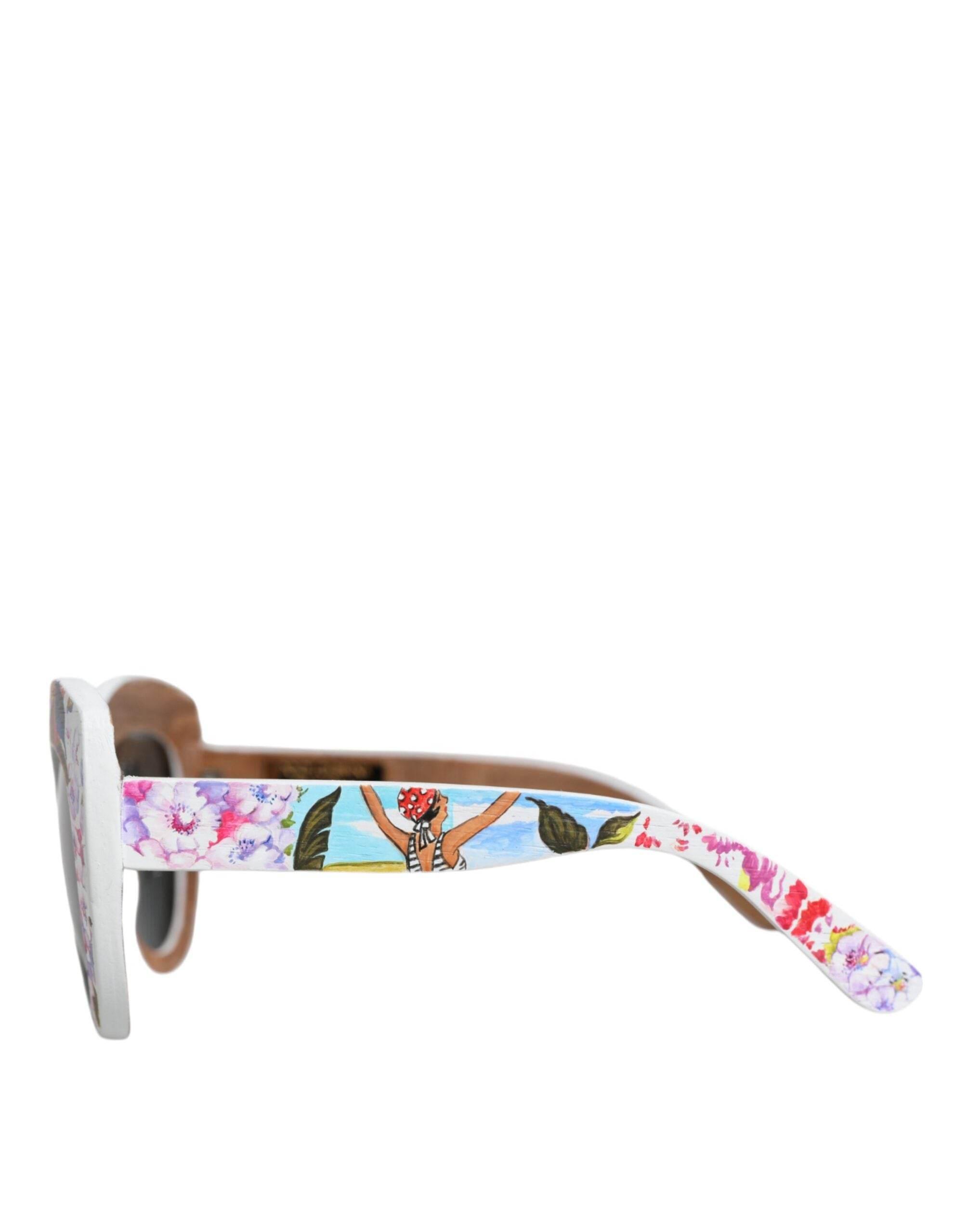Dolce & Gabbana Multicolor Wood Crystal Brass Frame Floral Hand Paint Sunglasses - Hilstor
