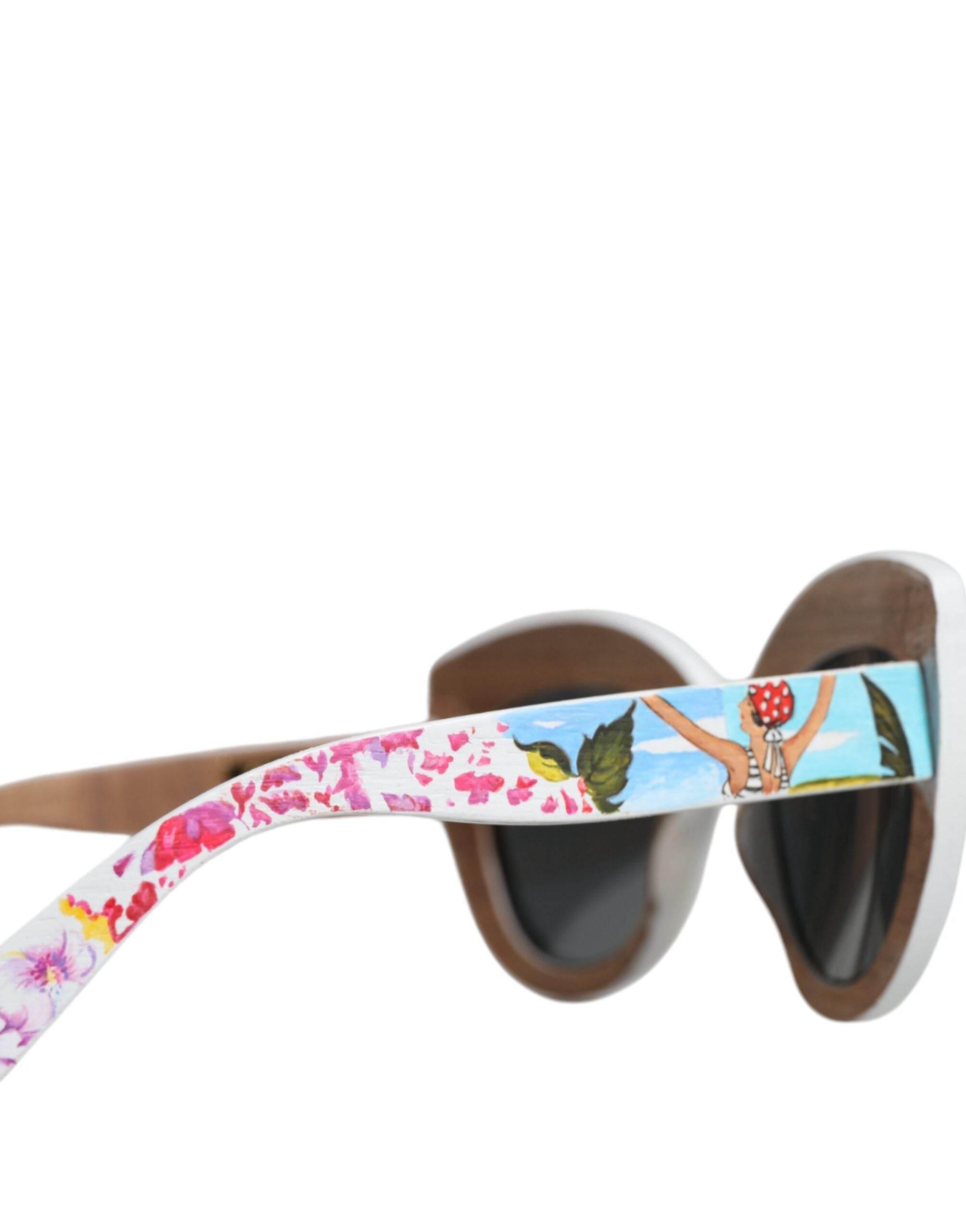 Dolce & Gabbana Multicolor Wood Crystal Brass Frame Floral Hand Paint Sunglasses - Hilstor