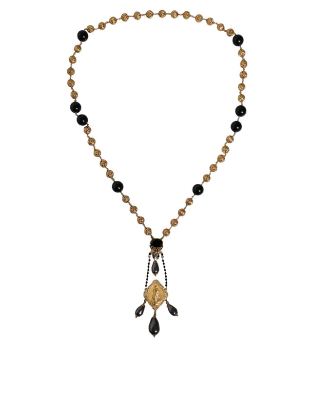 Dolce & Gabbana Gold Chain Brass Black Beaded Rosary Style Necklace - Hilstor