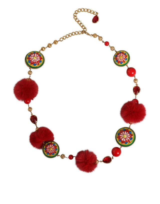 Dolce & Gabbana Gold Brass Red Fur Crystal Waist Torero Belt - Hilstor