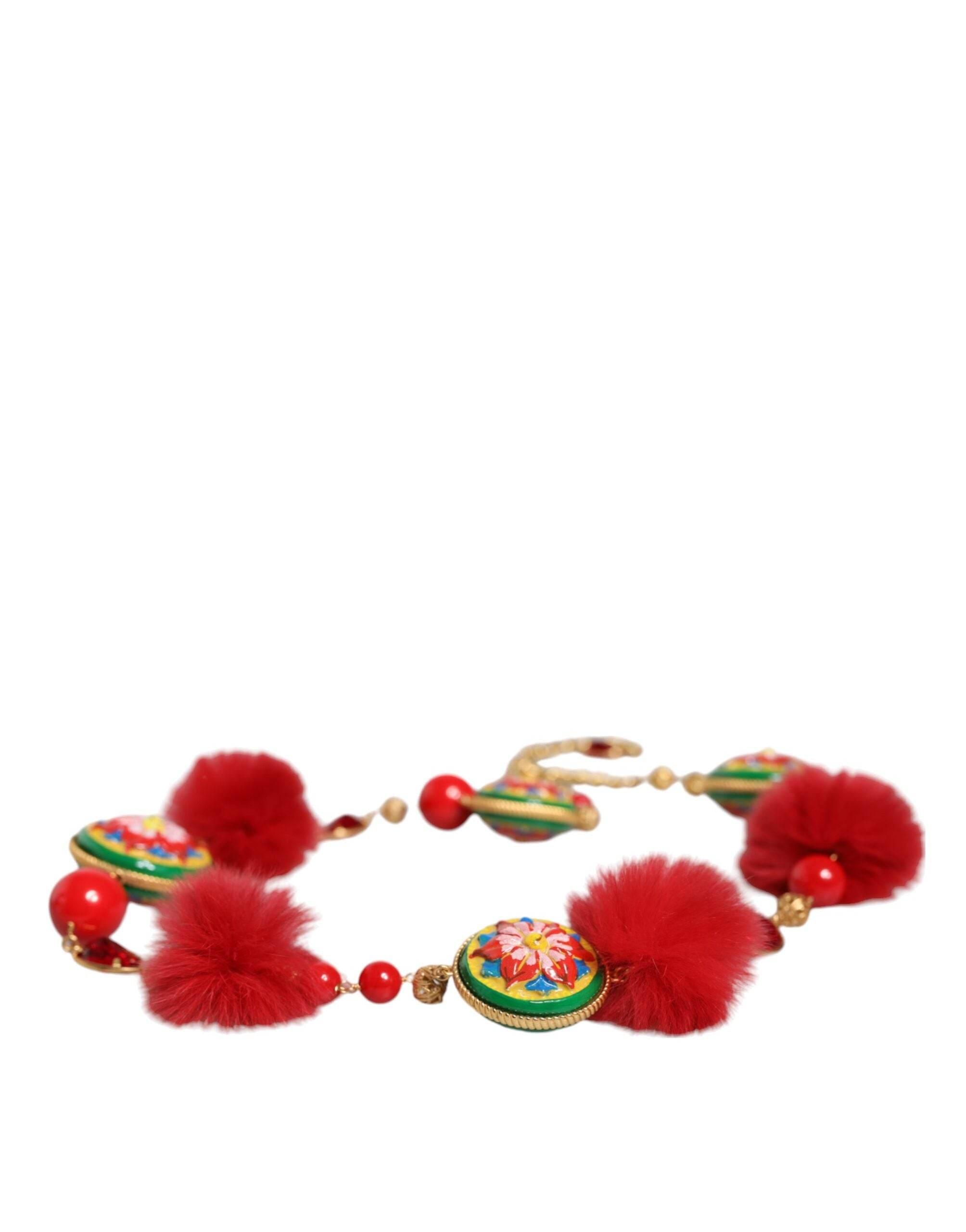 Dolce & Gabbana Gold Brass Red Fur Crystal Waist Torero Belt - Hilstor