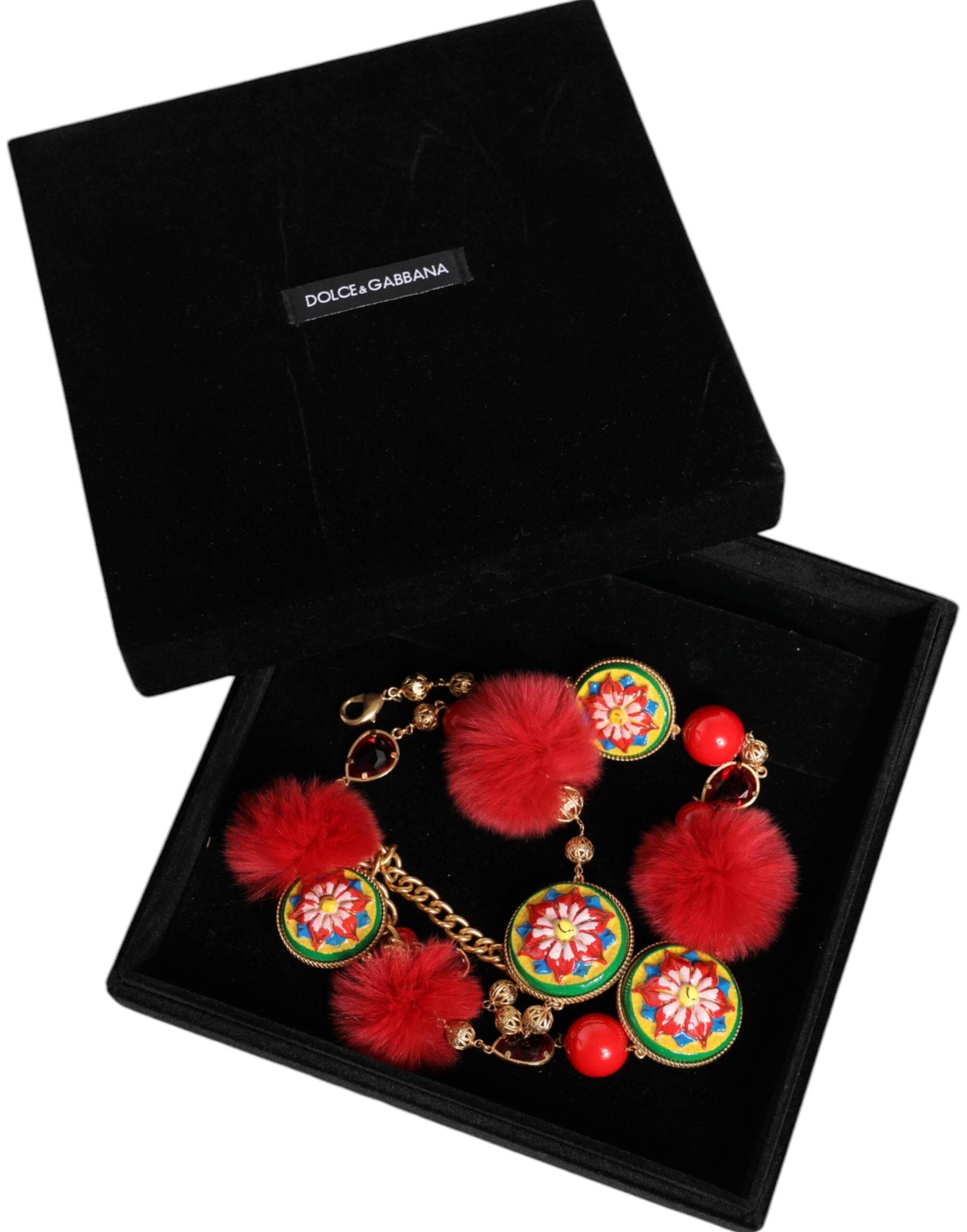 Dolce & Gabbana Gold Brass Red Fur Crystal Waist Torero Belt - Hilstor