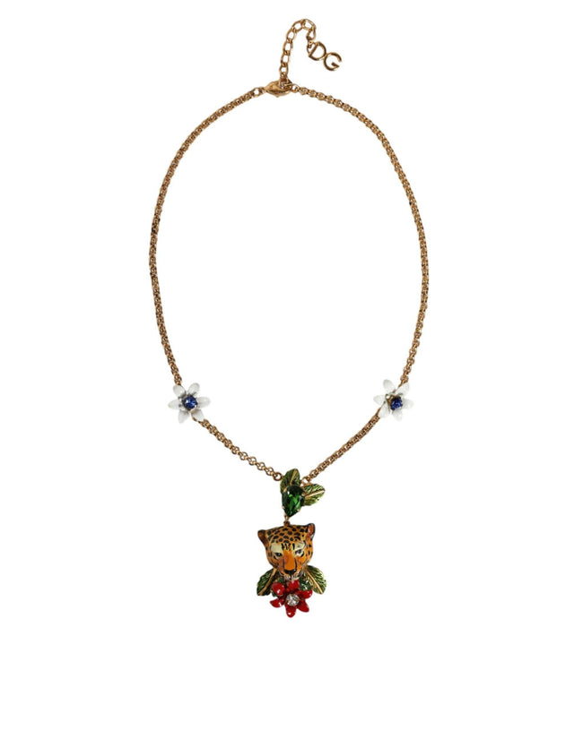 Dolce & Gabbana Gold Brass Leopard Flower Embellished Statement Necklace - Hilstor