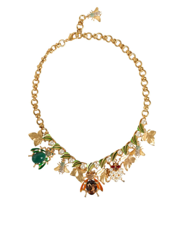 Dolce & Gabbana Gold Brass Crystal Bug Charm Pendant Statement Necklace - Hilstor