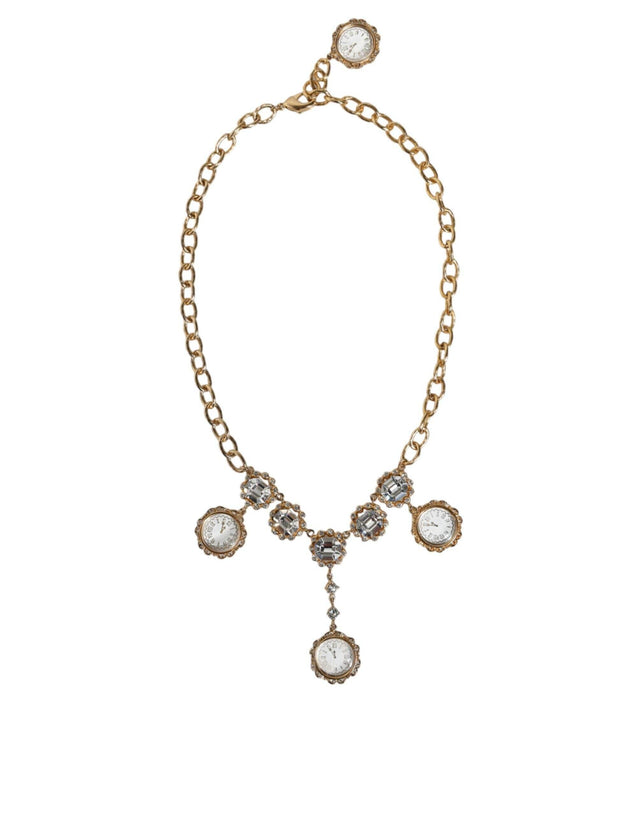 Dolce & Gabbana Gold Chain Brass Crystal Clock Statement Necklace - Hilstor