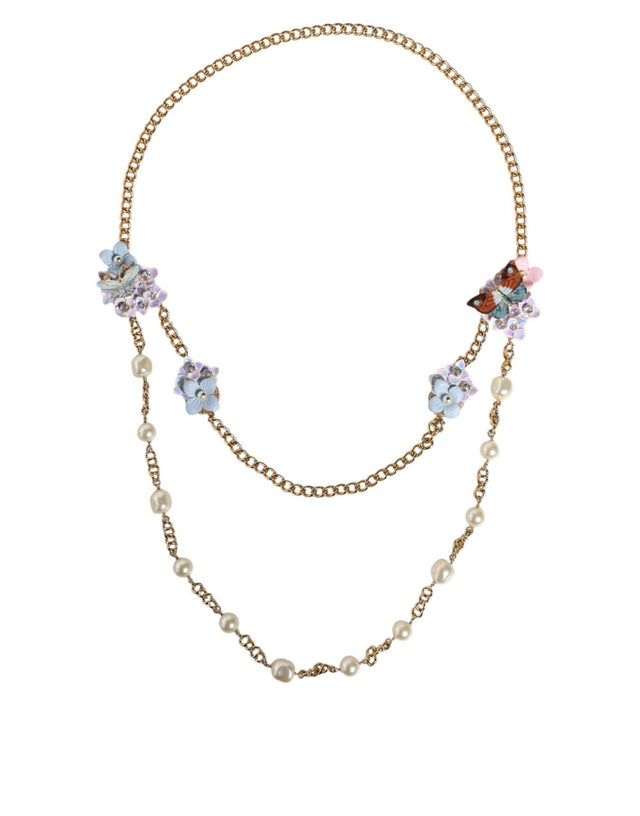 Dolce & Gabbana Gold Chain Brass Floral Layered Crystal Pearl Necklace - Hilstor