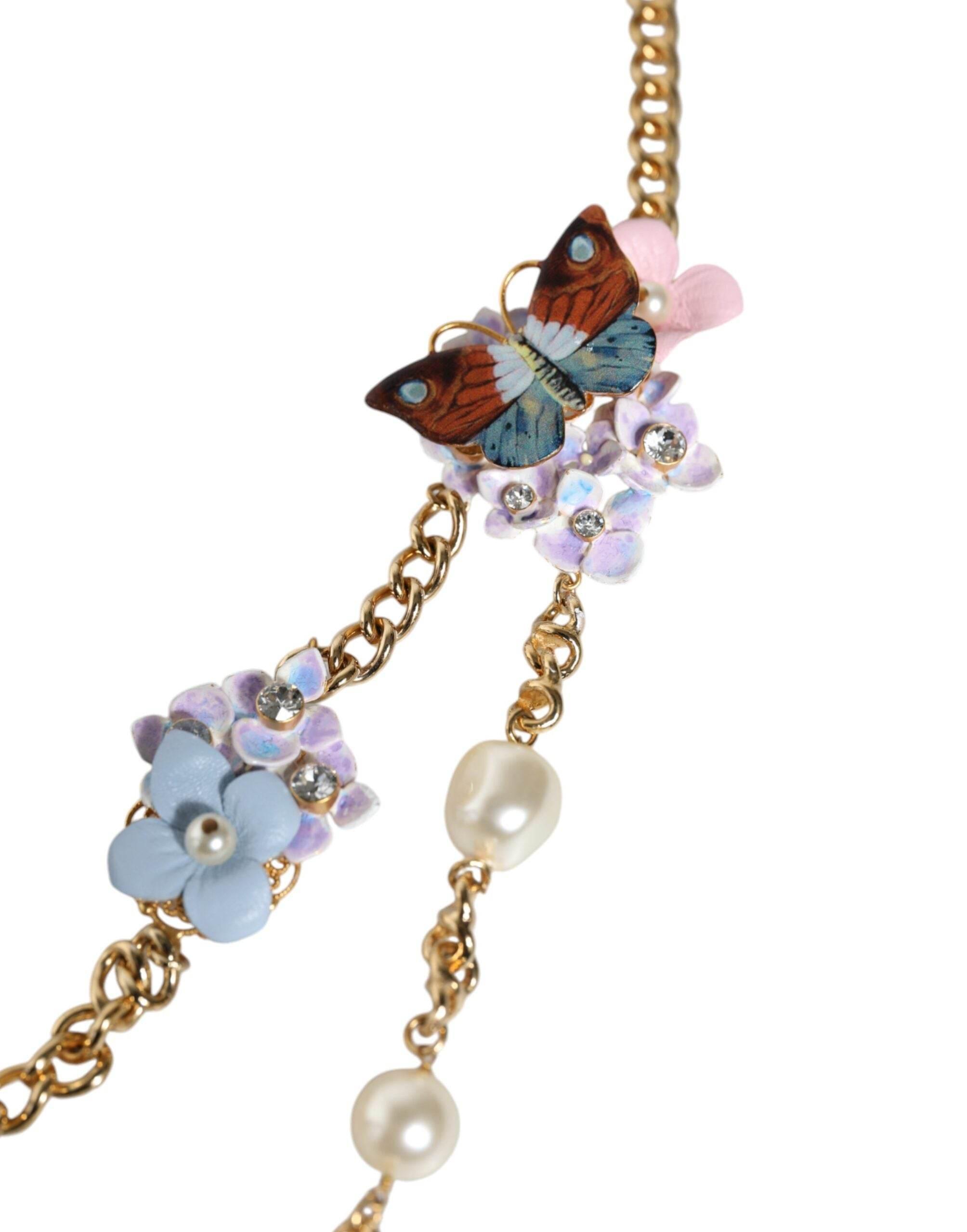 Dolce & Gabbana Gold Chain Brass Floral Layered Crystal Pearl Necklace - Hilstor