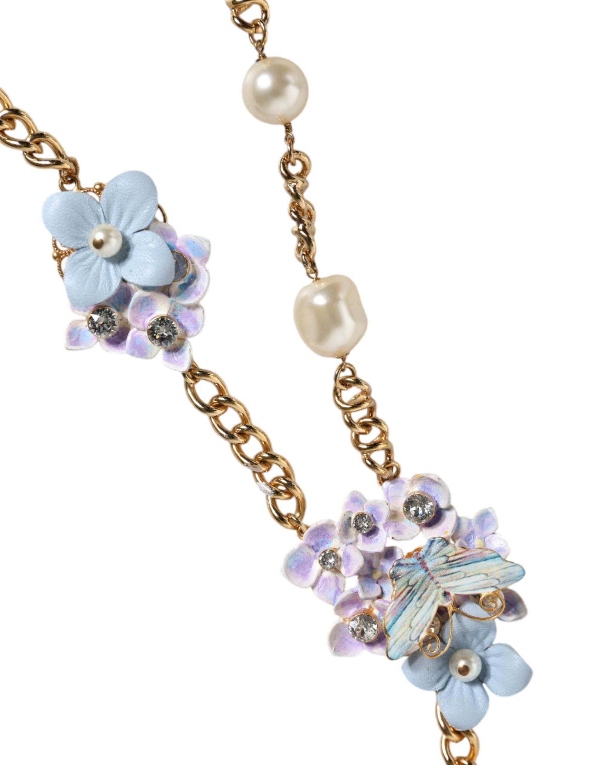 Dolce & Gabbana Gold Chain Brass Floral Layered Crystal Pearl Necklace - Hilstor