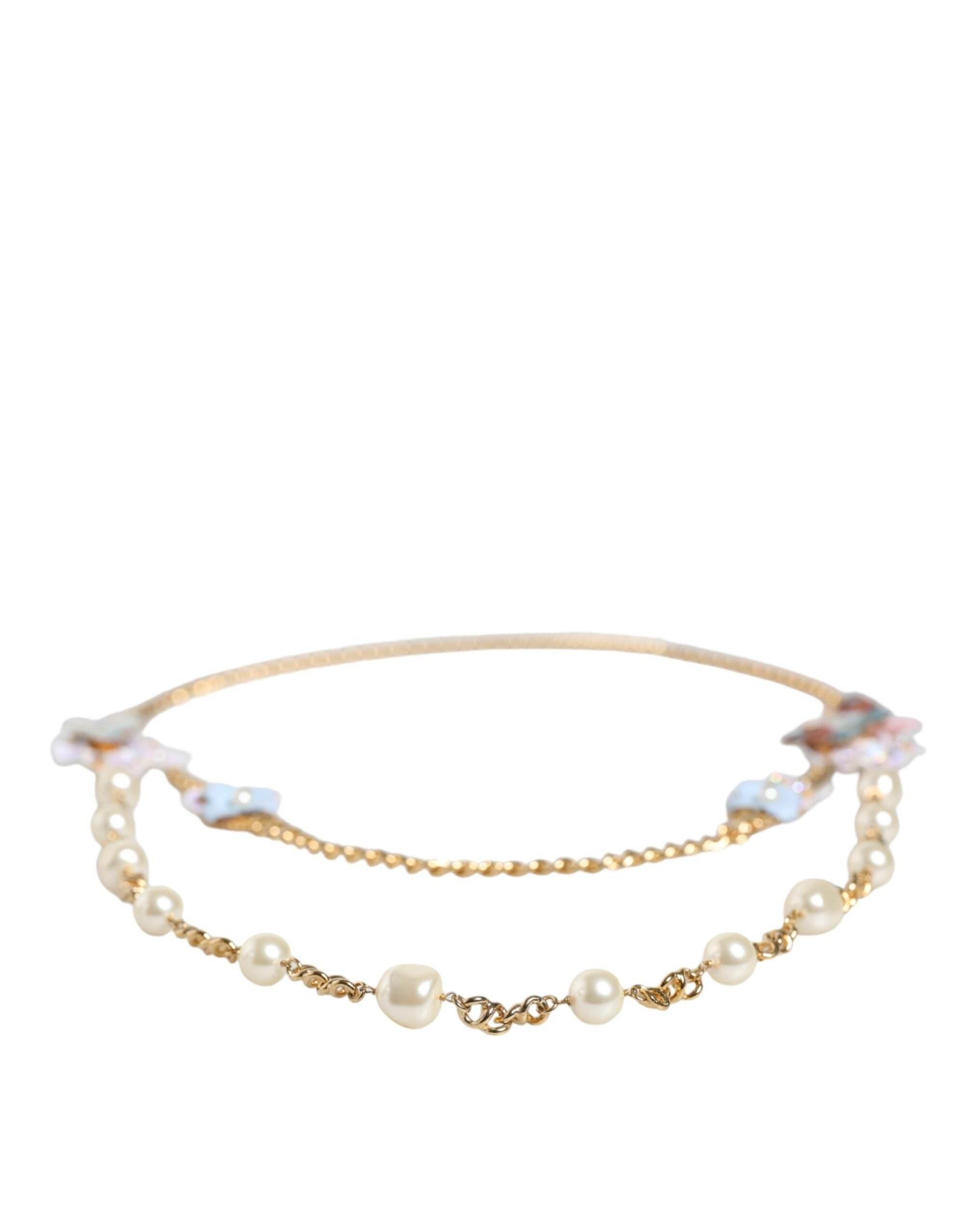 Dolce & Gabbana Gold Chain Brass Floral Layered Crystal Pearl Necklace - Hilstor