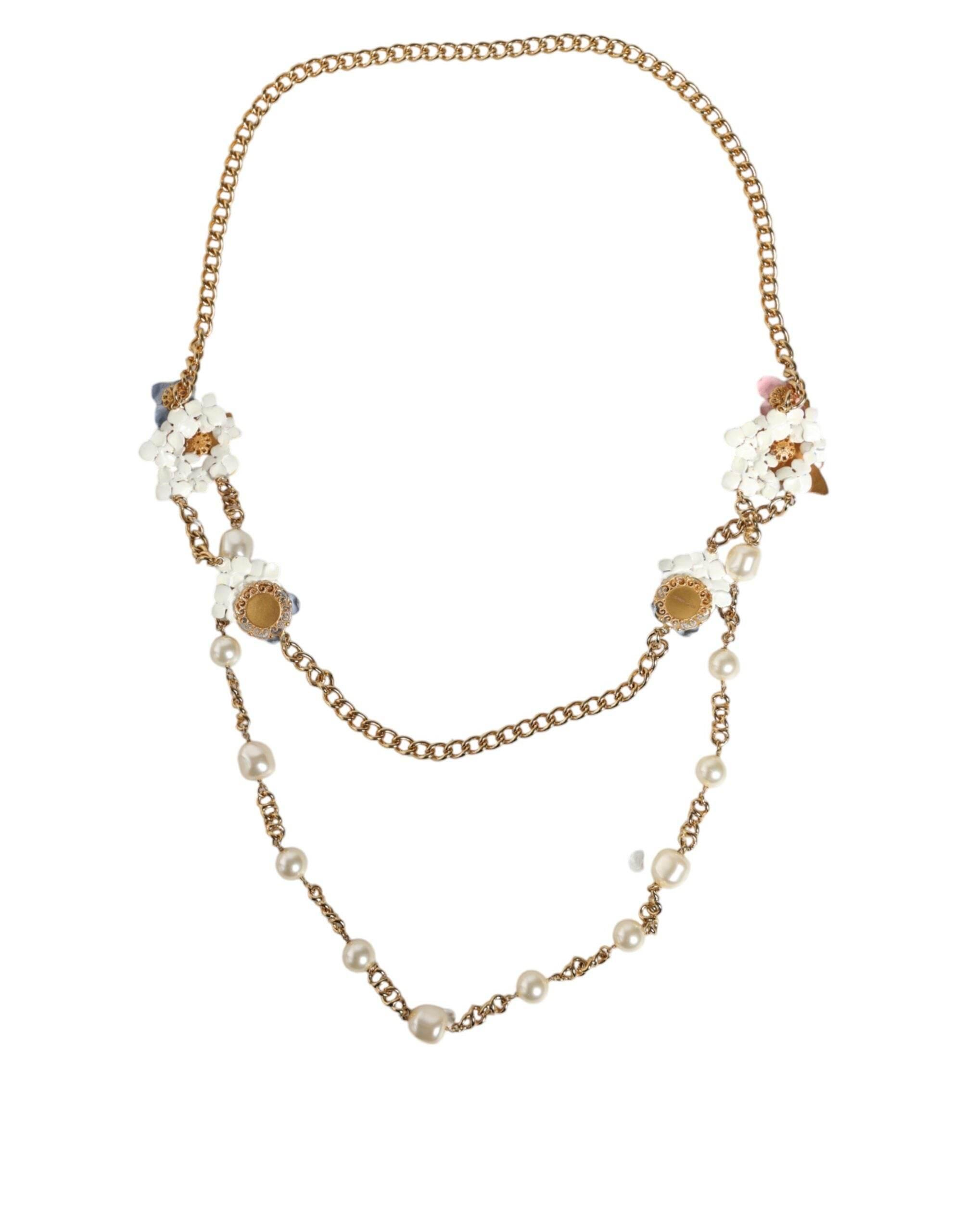 Dolce & Gabbana Gold Chain Brass Floral Layered Crystal Pearl Necklace - Hilstor
