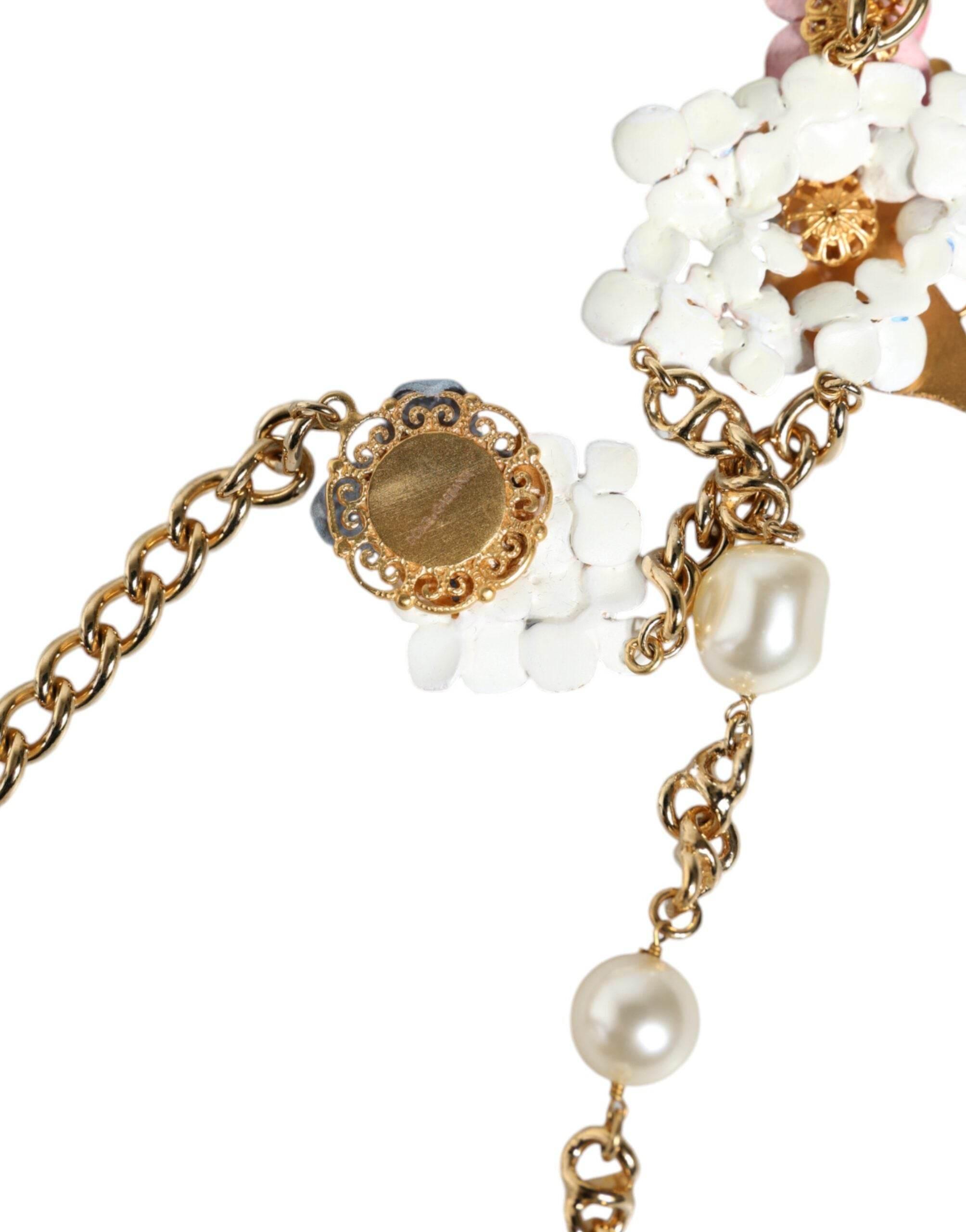 Dolce & Gabbana Gold Chain Brass Floral Layered Crystal Pearl Necklace - Hilstor