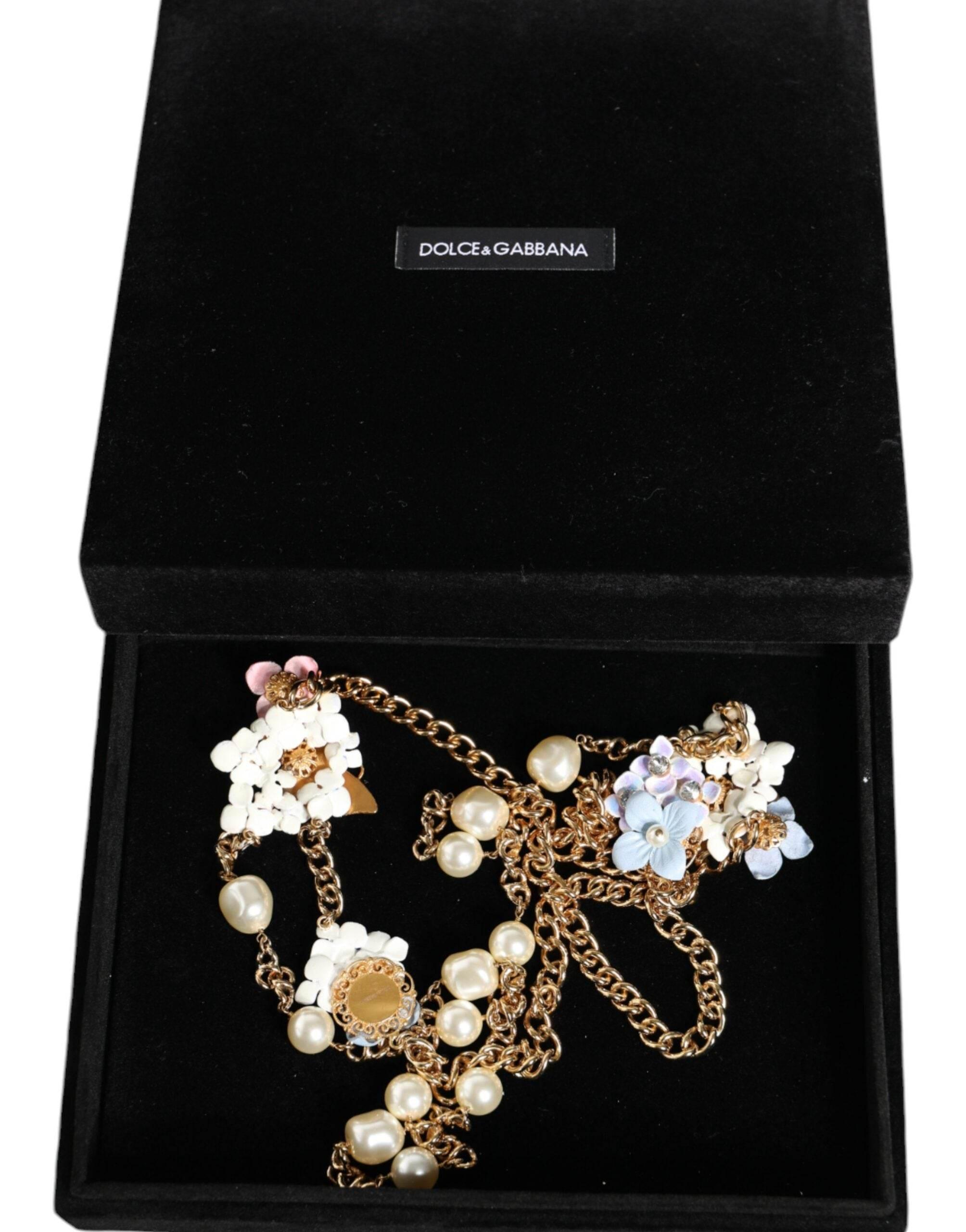Dolce & Gabbana Gold Chain Brass Floral Layered Crystal Pearl Necklace - Hilstor