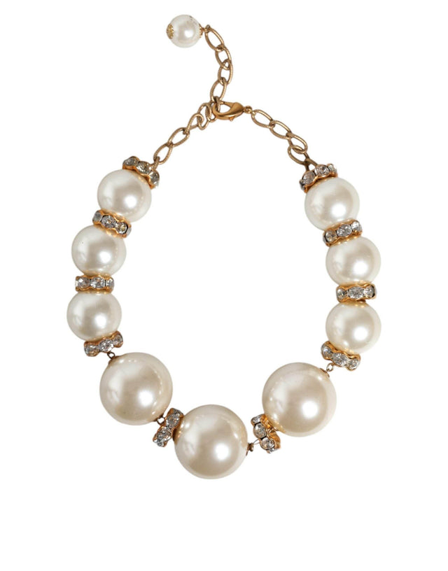 Dolce & Gabbana White Maxi Faux Pearl Beads Crystals Gold Chain Necklace - Hilstor