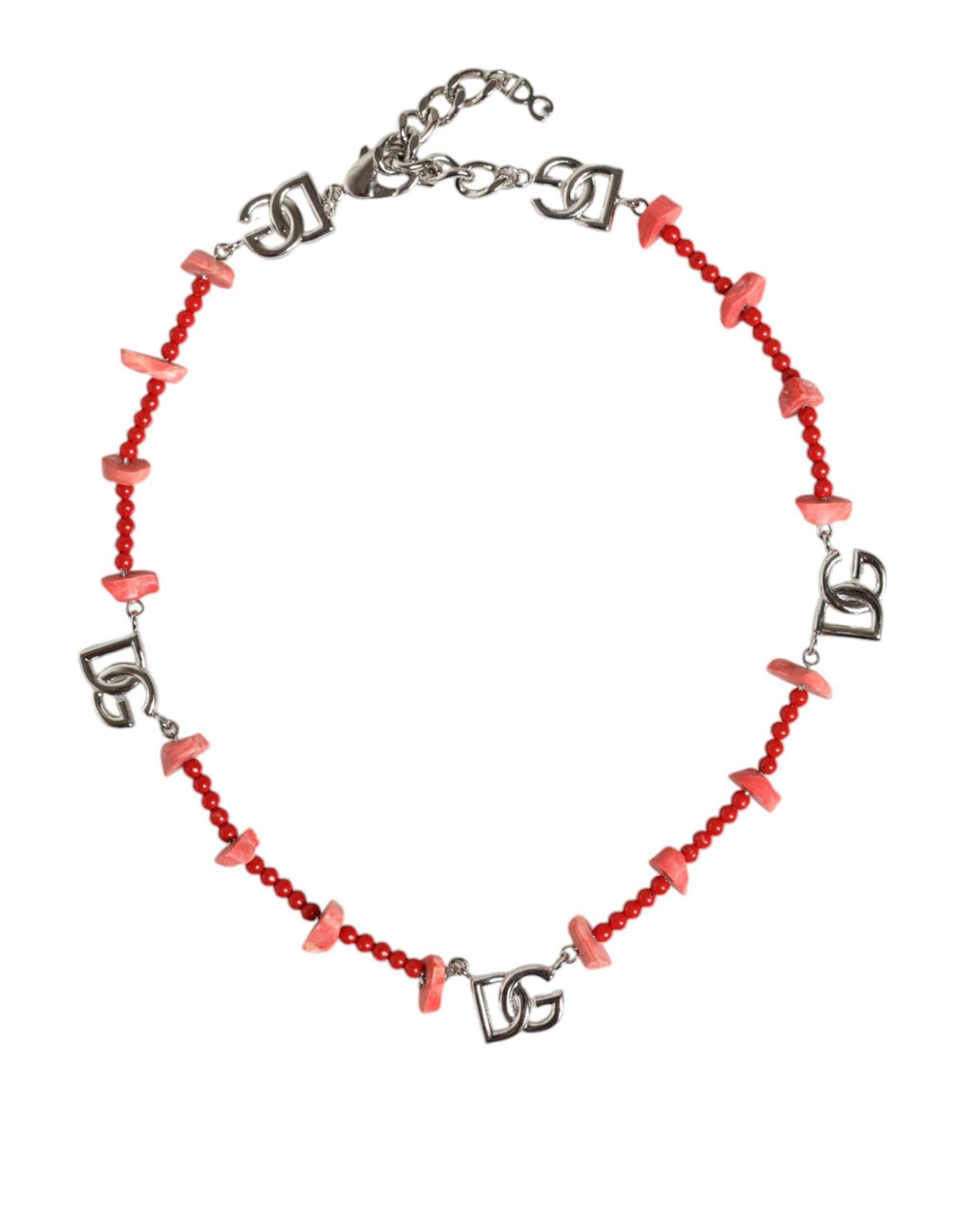 Dolce & Gabbana Silver Tone Brass Beaded Resin DG Logo Chain Necklace - Hilstor