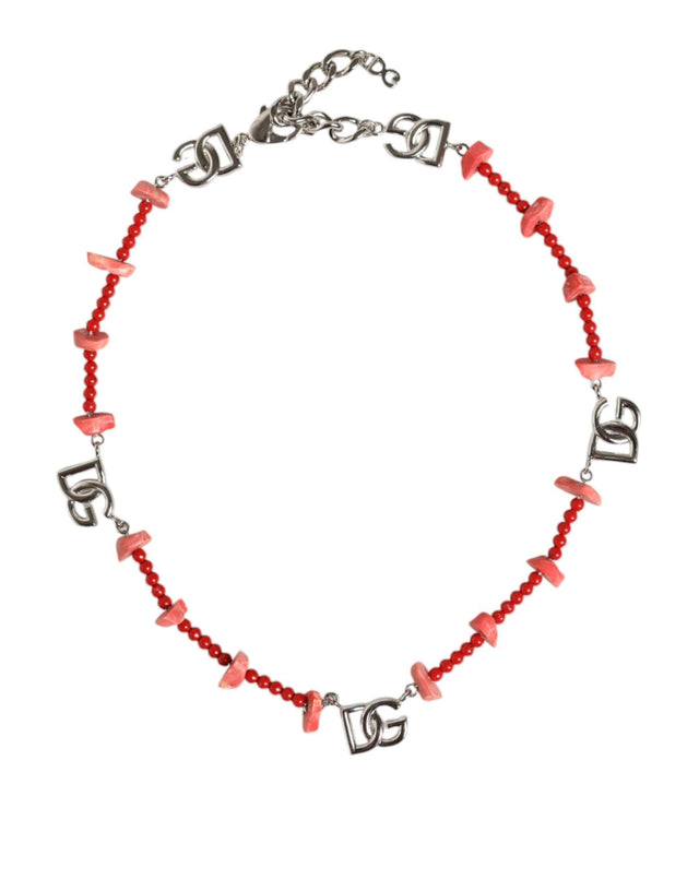 Dolce & Gabbana Silver Tone Brass Beaded Resin DG Logo Chain Necklace - Hilstor