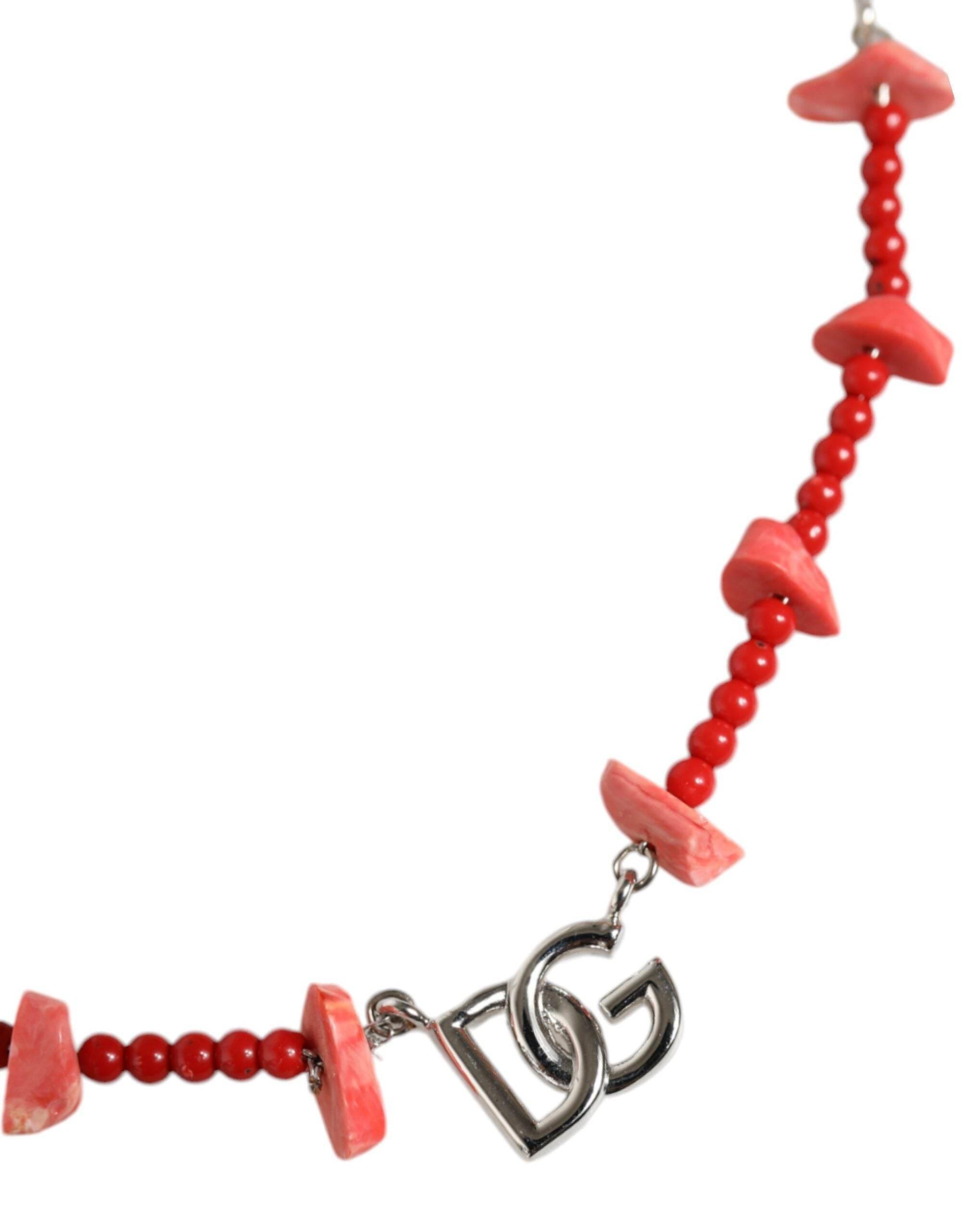 Dolce & Gabbana Silver Tone Brass Beaded Resin DG Logo Chain Necklace - Hilstor