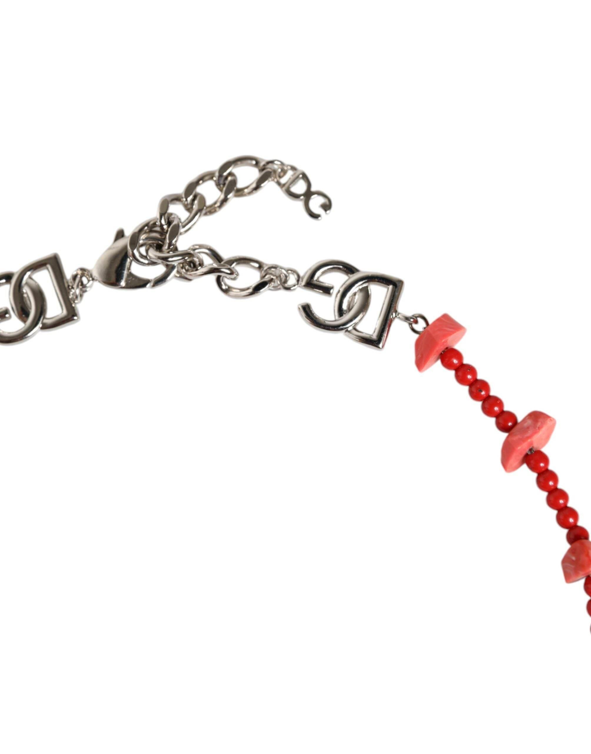 Dolce & Gabbana Silver Tone Brass Beaded Resin DG Logo Chain Necklace - Hilstor