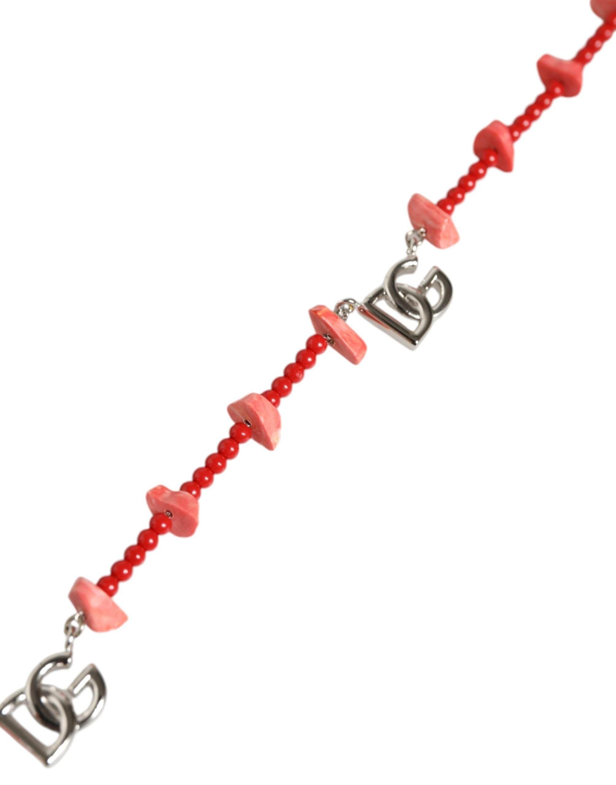 Dolce & Gabbana Silver Tone Brass Beaded Resin DG Logo Chain Necklace - Hilstor