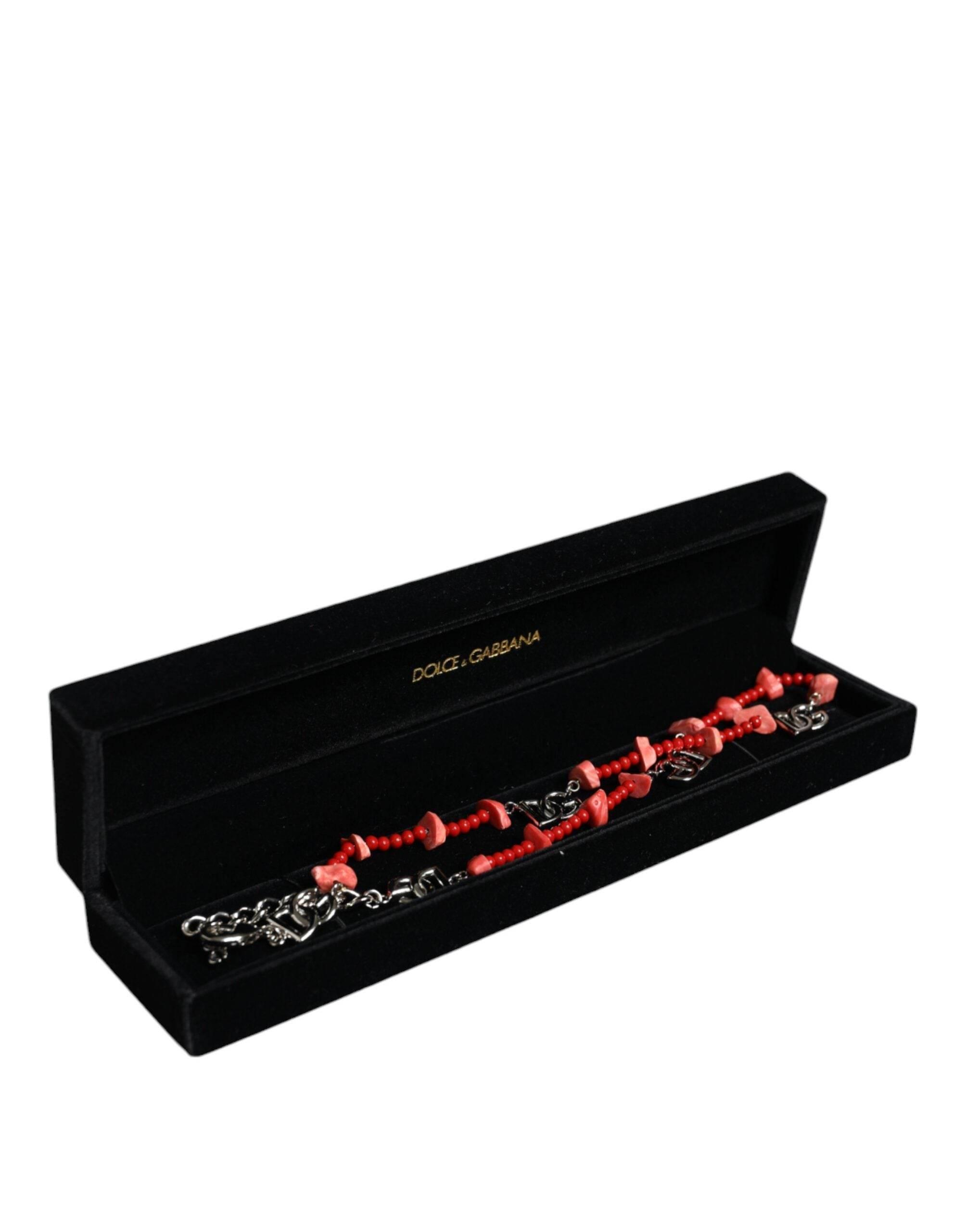 Dolce & Gabbana Silver Tone Brass Beaded Resin DG Logo Chain Necklace - Hilstor